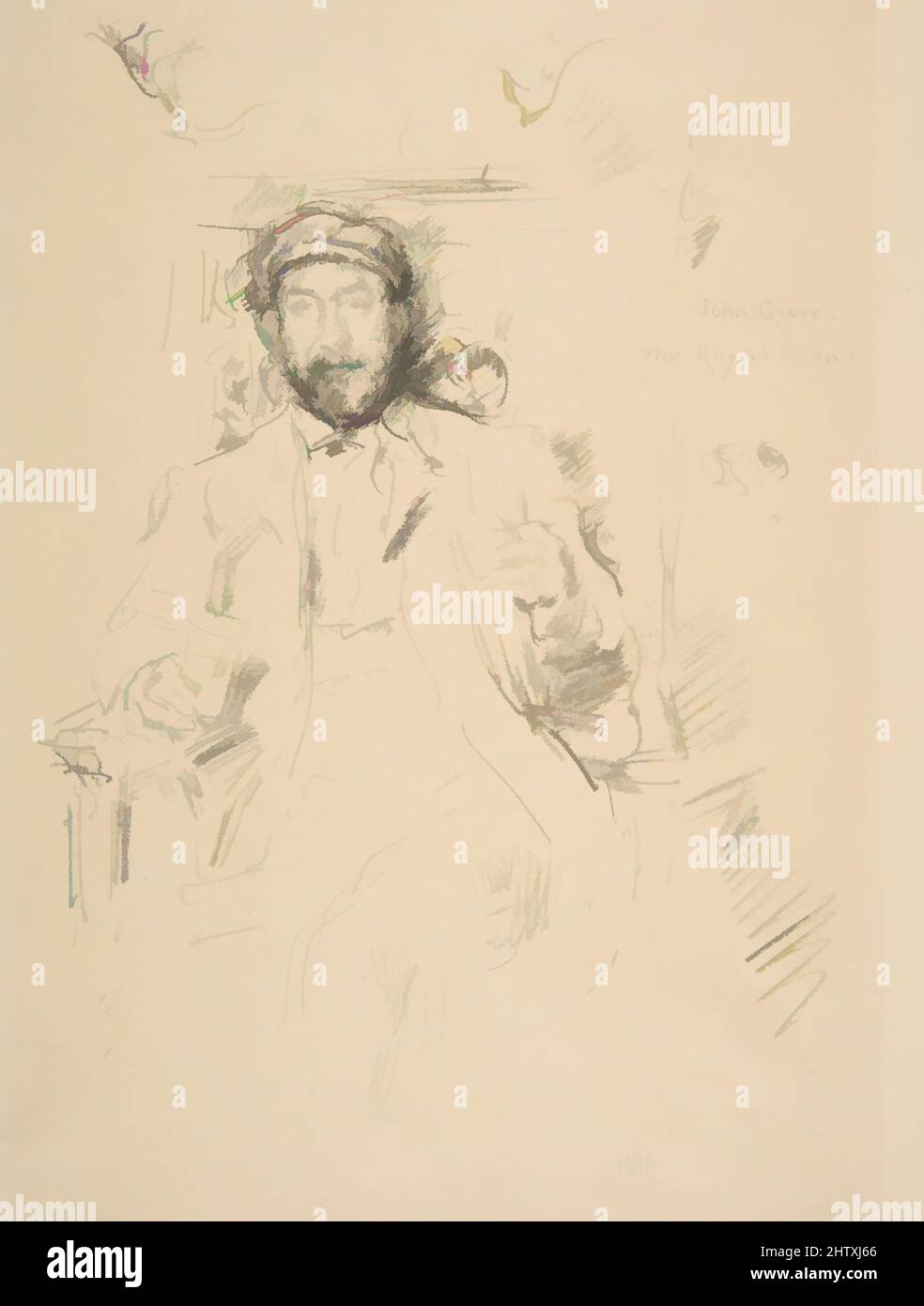 Art Inspired by John Grove, 1895, Transferlithographie auf dünnem, transparentem Papier gezeichnet; nur Staat (Chicago); gedruckt in schwarzer Tinte auf cremefarbenem, maschinell gefertigten Wove, Bild: 8 1/8 × 6 1/16 in. (20,7 × 15,4 cm), Drucke, James McNeill Whistler (Amerikaner, Lowell, Massachusetts 1834–1903 London, Klassisches Werk, das von Artotop mit einem Schuss Moderne modernisiert wurde. Formen, Farbe und Wert, auffällige visuelle Wirkung auf Kunst. Emotionen durch Freiheit von Kunstwerken auf zeitgemäße Weise. Eine zeitlose Botschaft, die eine wild kreative neue Richtung verfolgt. Künstler, die sich dem digitalen Medium zuwenden und die Artotop NFT erschaffen Stockfoto