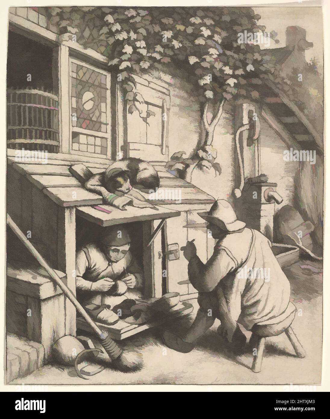 Art inspired by the Shoemaker, 1610–85, Radierung, Blatt: 6 3/4 x 5 11/16 Zoll (17,2 x 14,5 cm), Drucke, Adriaen van Ostade (Niederländisch, Haarlem 1610–1685 Haarlem, Klassische Werke, die von Artotop mit einem Schuss Moderne modernisiert wurden. Formen, Farbe und Wert, auffällige visuelle Wirkung auf Kunst. Emotionen durch Freiheit von Kunstwerken auf zeitgemäße Weise. Eine zeitlose Botschaft, die eine wild kreative neue Richtung verfolgt. Künstler, die sich dem digitalen Medium zuwenden und die Artotop NFT erschaffen Stockfoto