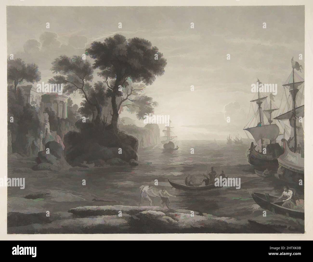 Von der Harbour-Szene inspirierte Kunst, 1842–77, Radierung, Blatt: 12 3/16 x 13 9/16 Zoll (31 x 34,5 cm), Drucke, William Richardson (britisch, aktiv 1842–77), nach Claude Lorrain (Claude Gellée) (französisch, Chamagne 1604/5?–1682 Rom, Klassische Werke, die von Artotop mit einem Schuss Moderne modernisiert wurden. Formen, Farbe und Wert, auffällige visuelle Wirkung auf Kunst. Emotionen durch Freiheit von Kunstwerken auf zeitgemäße Weise. Eine zeitlose Botschaft, die eine wild kreative neue Richtung verfolgt. Künstler, die sich dem digitalen Medium zuwenden und die Artotop NFT erschaffen Stockfoto