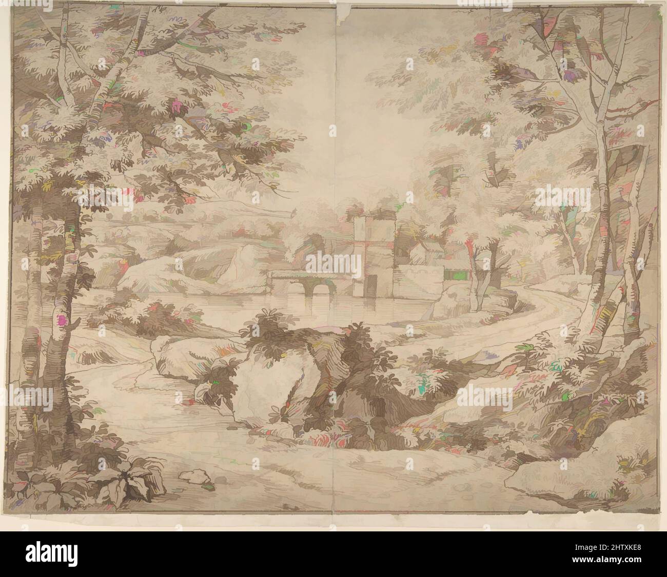 Art Inspired by Landscape, 1745–1800, Stift und Tinte, Zeichnungen, Style of James Adam (British, Edinburgh, Schottland 1732–1794 London, Klassische Werke, die von Artotop mit einem Schuss Moderne modernisiert wurden. Formen, Farbe und Wert, auffällige visuelle Wirkung auf Kunst. Emotionen durch Freiheit von Kunstwerken auf zeitgemäße Weise. Eine zeitlose Botschaft, die eine wild kreative neue Richtung verfolgt. Künstler, die sich dem digitalen Medium zuwenden und die Artotop NFT erschaffen Stockfoto