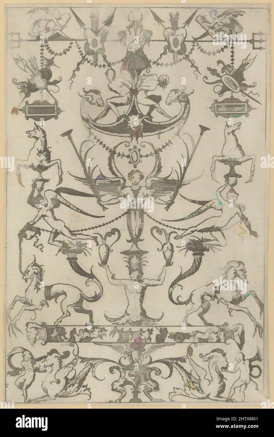 Art Inspired by Grotesque Panel, 1550, Radierung; zweiter Zustand von drei, Blatt (getrimmt): 4 1/8 × 2 3/4 Zoll (10,5 × 7 cm), Drucke, Jacques Androuet Du Cerceau (Französisch, Paris 1510/12–1585 Annecy), After Nicoletto da Modena (Italienisch, Modena, aktiv ca. 1500–ca. 1520, Classic Works modernisiert von Artotop mit einem Schuss Moderne. Formen, Farbe und Wert, auffällige visuelle Wirkung auf Kunst. Emotionen durch Freiheit von Kunstwerken auf zeitgemäße Weise. Eine zeitlose Botschaft, die eine wild kreative neue Richtung verfolgt. Künstler, die sich dem digitalen Medium zuwenden und die Artotop NFT erschaffen Stockfoto