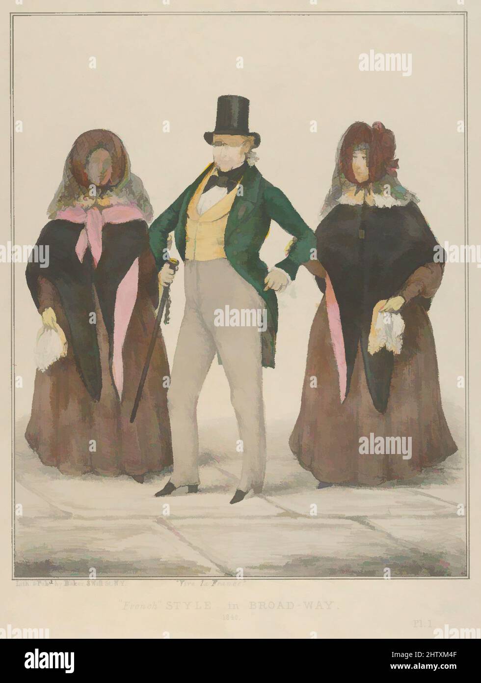 Art inspired by Vive la France, 'French' Style in Broadway, 1840, Lithograph, handkoloriert, Blatt: 14 3/16 x 10 5/8 Zoll (36 x 27 cm), Drucke, von Artotop modernisierte Klassiker mit einem Schuss Moderne. Formen, Farbe und Wert, auffällige visuelle Wirkung auf Kunst. Emotionen durch Freiheit von Kunstwerken auf zeitgemäße Weise. Eine zeitlose Botschaft, die eine wild kreative neue Richtung verfolgt. Künstler, die sich dem digitalen Medium zuwenden und die Artotop NFT erschaffen Stockfoto