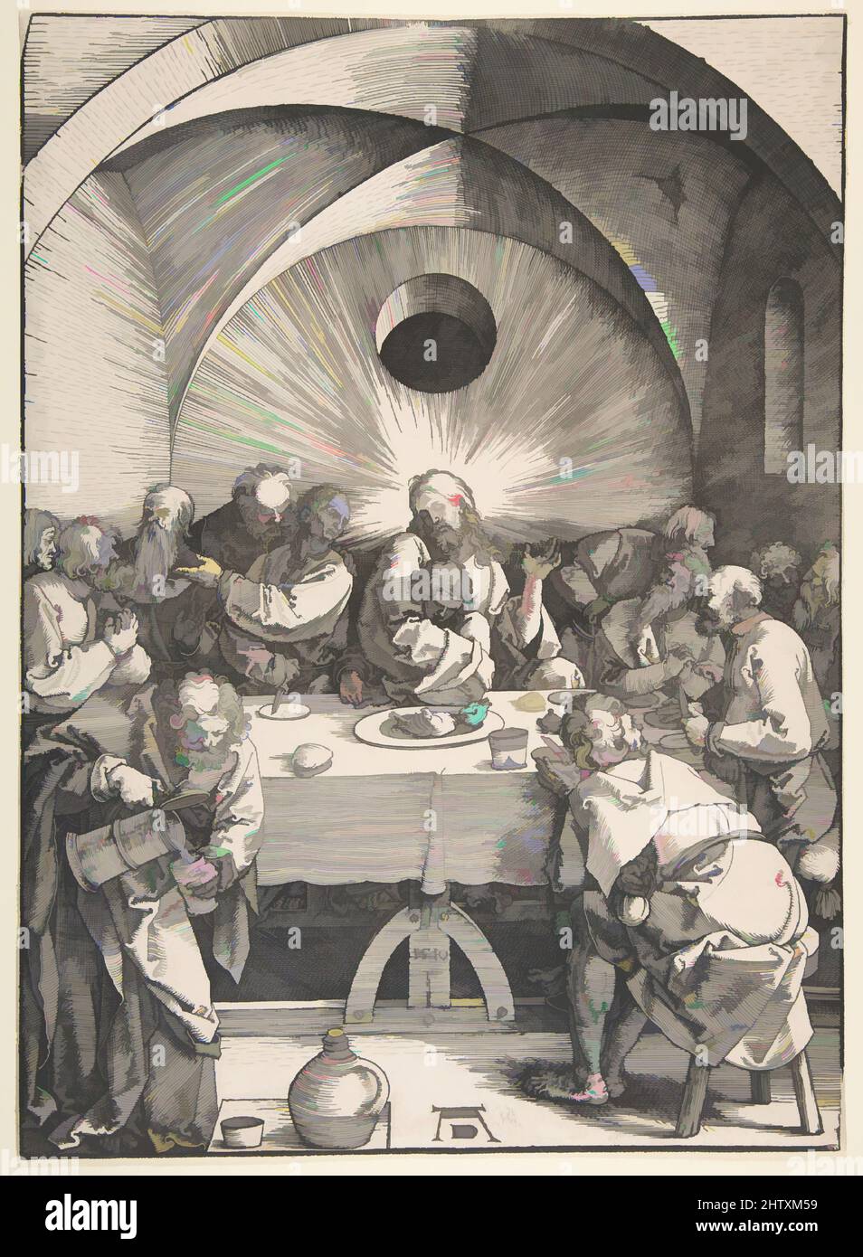 Art inspired by the Last Supper, 1510, Holzschnitt, Blatt: 11 3/4 x 8 3/4 Zoll (29,8 x 22,2 cm), Drucke, Albrecht Dürer (deutsch, Nürnberg 1471–1528 Nürnberg, Klassische Werke, die von Artotop mit einem Schuss Moderne modernisiert wurden. Formen, Farbe und Wert, auffällige visuelle Wirkung auf Kunst. Emotionen durch Freiheit von Kunstwerken auf zeitgemäße Weise. Eine zeitlose Botschaft, die eine wild kreative neue Richtung verfolgt. Künstler, die sich dem digitalen Medium zuwenden und die Artotop NFT erschaffen Stockfoto