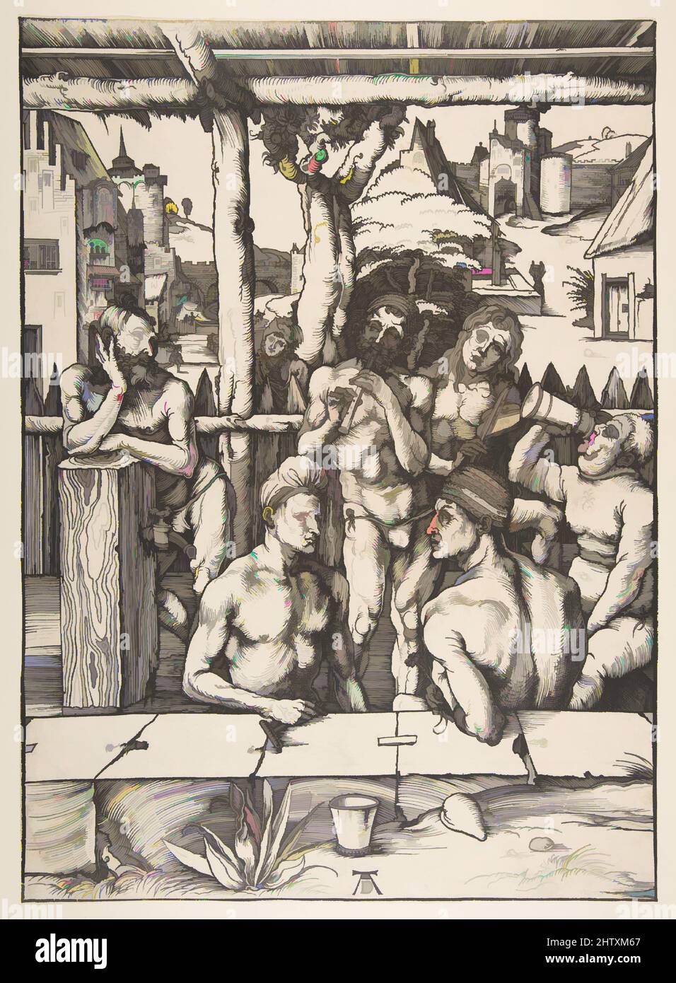 Art inspired by the Bath House, n.d., Holzschnitt, Blatt: 15 1/4 x 11 1/16 Zoll (38,7 x 28,1 cm), Drucke, Albrecht Dürer (deutsch, Nürnberg 1471–1528 Nürnberg, Klassische Werke, die von Artotop mit einem Schuss Moderne modernisiert wurden. Formen, Farbe und Wert, auffällige visuelle Wirkung auf Kunst. Emotionen durch Freiheit von Kunstwerken auf zeitgemäße Weise. Eine zeitlose Botschaft, die eine wild kreative neue Richtung verfolgt. Künstler, die sich dem digitalen Medium zuwenden und die Artotop NFT erschaffen Stockfoto