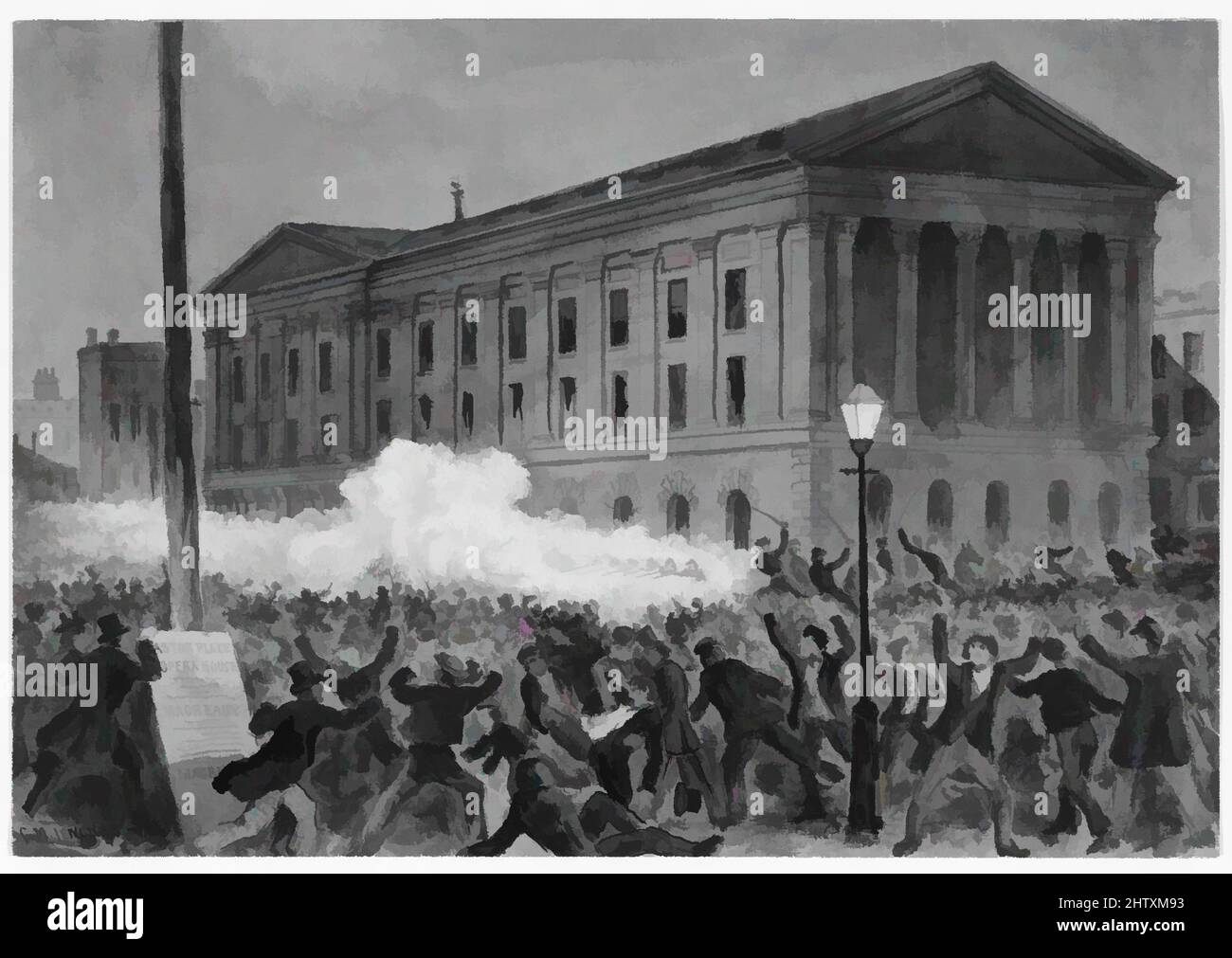 Art inspired by Astor Place Riot, 1849, 1896, Aquarell über Graphit, Blatt: 4 13/16 x 6 13/16 Zoll (12,3 x 17,3 cm), Zeichnungen, Charles M. Jenckes (Amerikaner, aktives New York, Ende des 19.. Jahrhunderts, Klassische Werke, die von Artotop mit einem Schuss Moderne modernisiert wurden. Formen, Farbe und Wert, auffällige visuelle Wirkung auf Kunst. Emotionen durch Freiheit von Kunstwerken auf zeitgemäße Weise. Eine zeitlose Botschaft, die eine wild kreative neue Richtung verfolgt. Künstler, die sich dem digitalen Medium zuwenden und die Artotop NFT erschaffen Stockfoto