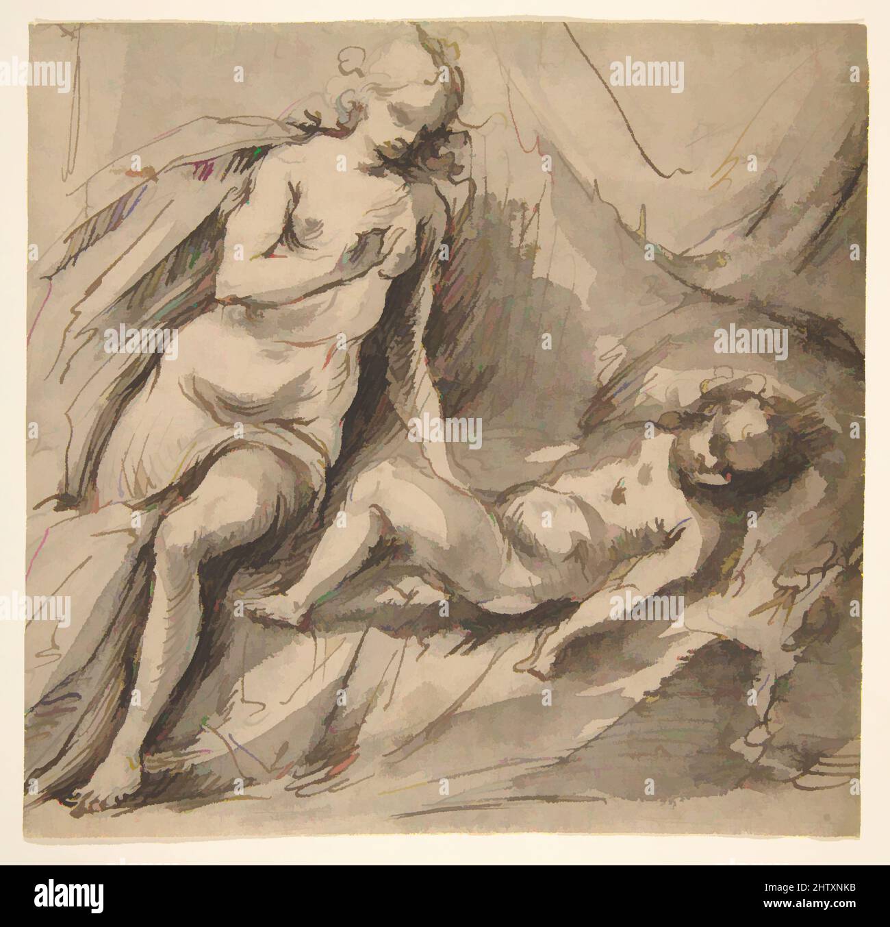 Kunst inspiriert von Venus und schlafender Amor, 1600–1625, Stift und dunkelbraune Tinte, braune Wäsche, Blatt: 6 15/16 x 7 1/8 Zoll (17,6 x 18,1 cm), Zeichnungen, Hans Stute (deutsch, aktives Lübeck, gestorben vor 1625, Klassische Werke, die von Artotop mit einem Hauch von Moderne modernisiert wurden. Formen, Farbe und Wert, auffällige visuelle Wirkung auf Kunst. Emotionen durch Freiheit von Kunstwerken auf zeitgemäße Weise. Eine zeitlose Botschaft, die eine wild kreative neue Richtung verfolgt. Künstler, die sich dem digitalen Medium zuwenden und die Artotop NFT erschaffen Stockfoto