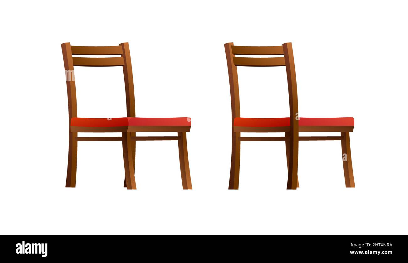 Stuhl aus Holz mit weicher roter Polsterung und hartem Rücken. Möbelset. Vorder- und Rückansicht. Cartoon lustigen Stil Illustration. Vektor. Stock Vektor