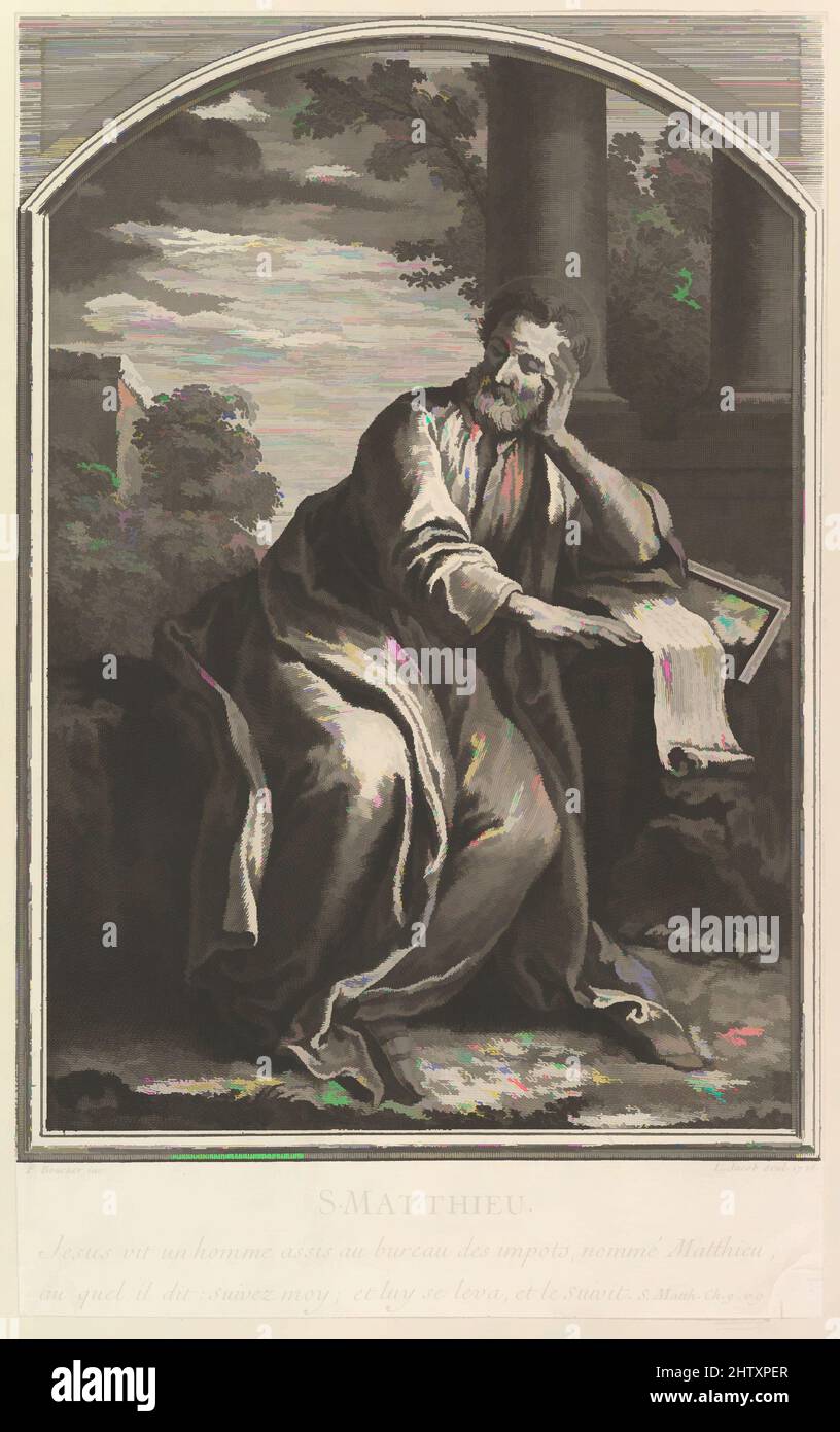 Art inspired by Saint Mathew, 1726, Radierung und Gravur, Blatt (getrimmt): 13 3/4 × 8 7/16 Zoll (35 × 21,5 cm), Drucke, Louis Jacob (französisch, Lisieux 1712–1802 Paris), After François Boucher (französisch, Paris 1703–1770 Paris, Klassische Werke, die von Artotop mit einem Schuss Moderne modernisiert wurden. Formen, Farbe und Wert, auffällige visuelle Wirkung auf Kunst. Emotionen durch Freiheit von Kunstwerken auf zeitgemäße Weise. Eine zeitlose Botschaft, die eine wild kreative neue Richtung verfolgt. Künstler, die sich dem digitalen Medium zuwenden und die Artotop NFT erschaffen Stockfoto