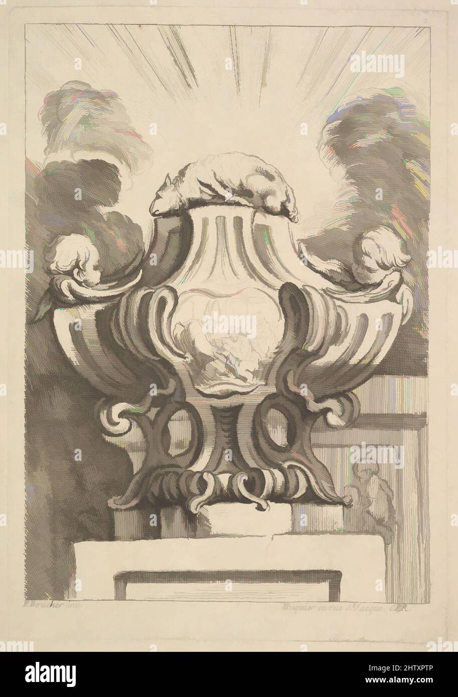 Art Inspired by Design for an Urn, 1725–72, Radierung, Blatt: 13 15/16 × 9 13/16 in. (35,4 × 25 cm), Gabriel Huquier (Französisch, Orléans 1695–1772 Paris), After François Boucher (Französisch, Paris 1703–1770 Paris, Klassische Werke, die von Artotop mit einem Schuss Moderne modernisiert wurden. Formen, Farbe und Wert, auffällige visuelle Wirkung auf Kunst. Emotionen durch Freiheit von Kunstwerken auf zeitgemäße Weise. Eine zeitlose Botschaft, die eine wild kreative neue Richtung verfolgt. Künstler, die sich dem digitalen Medium zuwenden und die Artotop NFT erschaffen Stockfoto