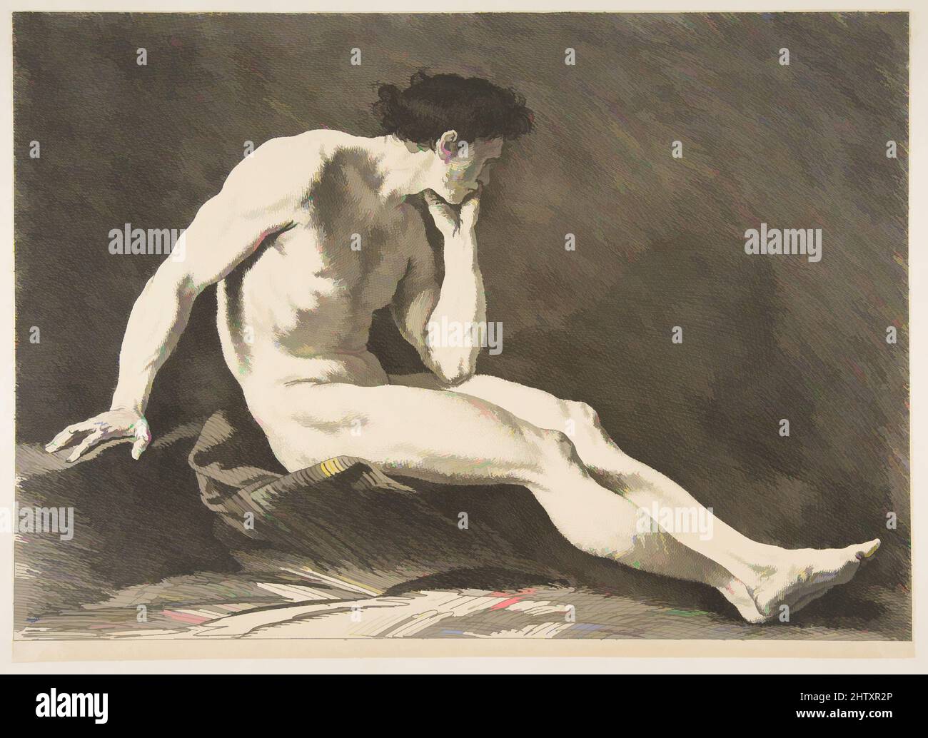 Kunst inspiriert von einer 'Académie': Sitzender Mann, 1742–43, Radierung, Blatt: 10 15/16 x 15 3/16 Zoll (27,8 x 38,5 cm), Drucke, Carle (Charles André) Vanloo (Französisch, Nizza 1705–1765 Paris, Klassische Werke, die von Artotop mit einem Schuss Moderne modernisiert wurden. Formen, Farbe und Wert, auffällige visuelle Wirkung auf Kunst. Emotionen durch Freiheit von Kunstwerken auf zeitgemäße Weise. Eine zeitlose Botschaft, die eine wild kreative neue Richtung verfolgt. Künstler, die sich dem digitalen Medium zuwenden und die Artotop NFT erschaffen Stockfoto