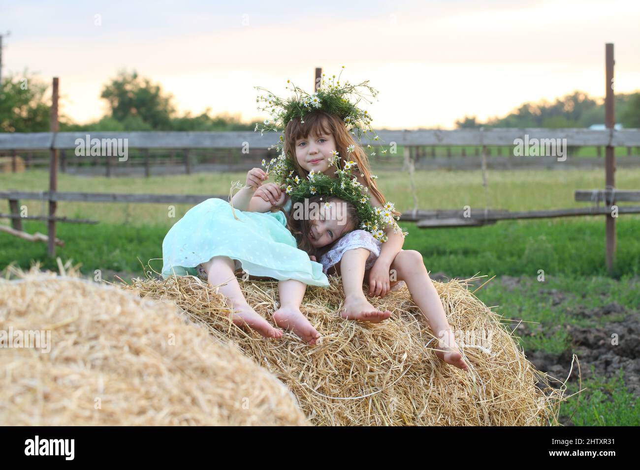 Zwei kleine Mädchen spielen auf einem Weizenfeld Stockfoto