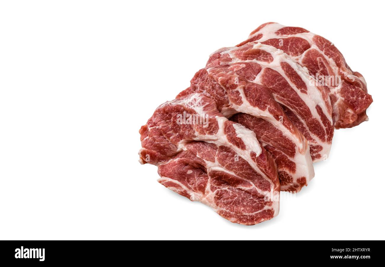 Geschnittenes rohes Schweinefleisch. Bild für Metzgerei, Metzgerei. Schweinekotelett Steaks bereit für Grill. Vorbereitung von rohem Fleisch. Wenige Schweinefleisch Steaks Stockfoto