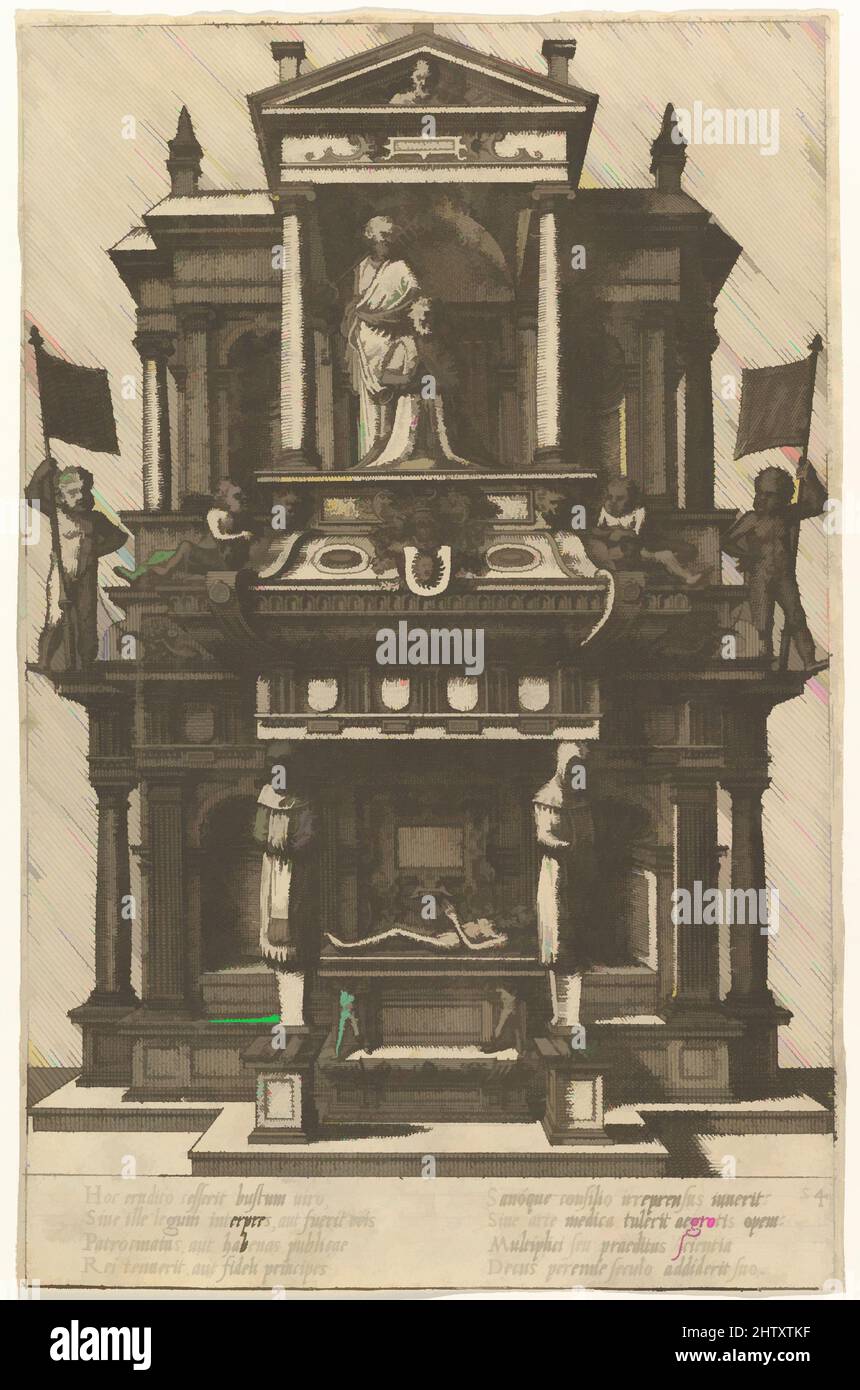 Art inspired by Cœnotaphiorum (24), 1563, Radierung; erster Stand von vier, Blatt: 9 1/16 x 5 7/8 Zoll (23 x 15 cm), Hans Vredeman de Vries (Niederländisch, Leeuwarden 1527–1606 (?) Antwerpen (?), gestochen von Johannes van Doetecum der Ältere (Niederländisch, aktiv 1554–ca. 1600, gestorben 1605, Klassisches Werk modernisiert von Artotop mit einem Schuss Moderne. Formen, Farbe und Wert, auffällige visuelle Wirkung auf Kunst. Emotionen durch Freiheit von Kunstwerken auf zeitgemäße Weise. Eine zeitlose Botschaft, die eine wild kreative neue Richtung verfolgt. Künstler, die sich dem digitalen Medium zuwenden und die Artotop NFT erschaffen Stockfoto