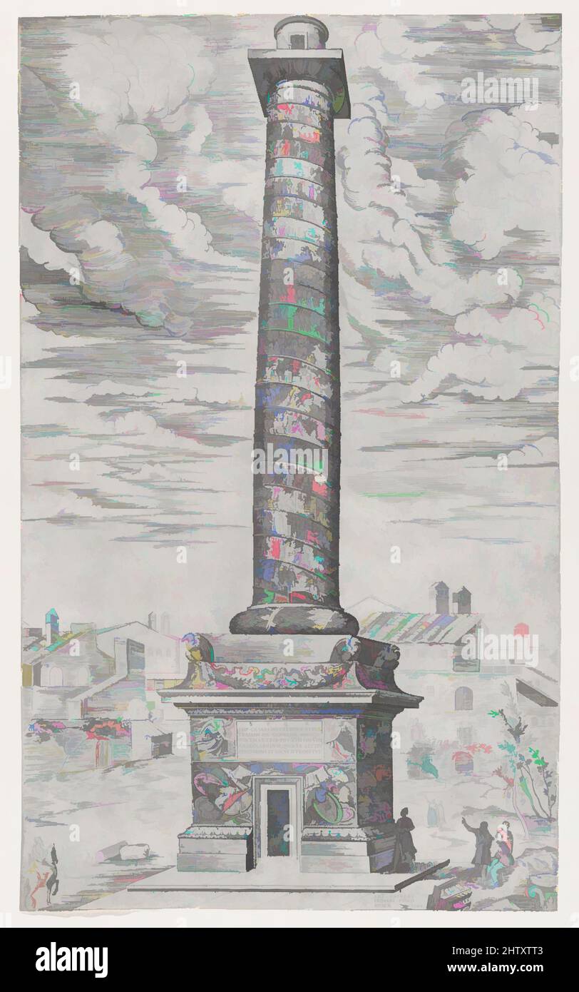 Art inspired by Column of Trajan, 1544, Gravur, Blatt: 19 7/16 x 11 1/2 Zoll (49,4 x 29,2 cm), Drucke, Anonym, veröffentlicht als Teil von Antonio Lafreri's Speculum Romanae Magnificentiae (der Spiegel römischer Pracht). Es ist wahrscheinlich, dass Personen, die die Drucke von gekauft, Classic Works modernisiert von Artotop mit einem Spritzer der Moderne. Formen, Farbe und Wert, auffällige visuelle Wirkung auf Kunst. Emotionen durch Freiheit von Kunstwerken auf zeitgemäße Weise. Eine zeitlose Botschaft, die eine wild kreative neue Richtung verfolgt. Künstler, die sich dem digitalen Medium zuwenden und die Artotop NFT erschaffen Stockfoto