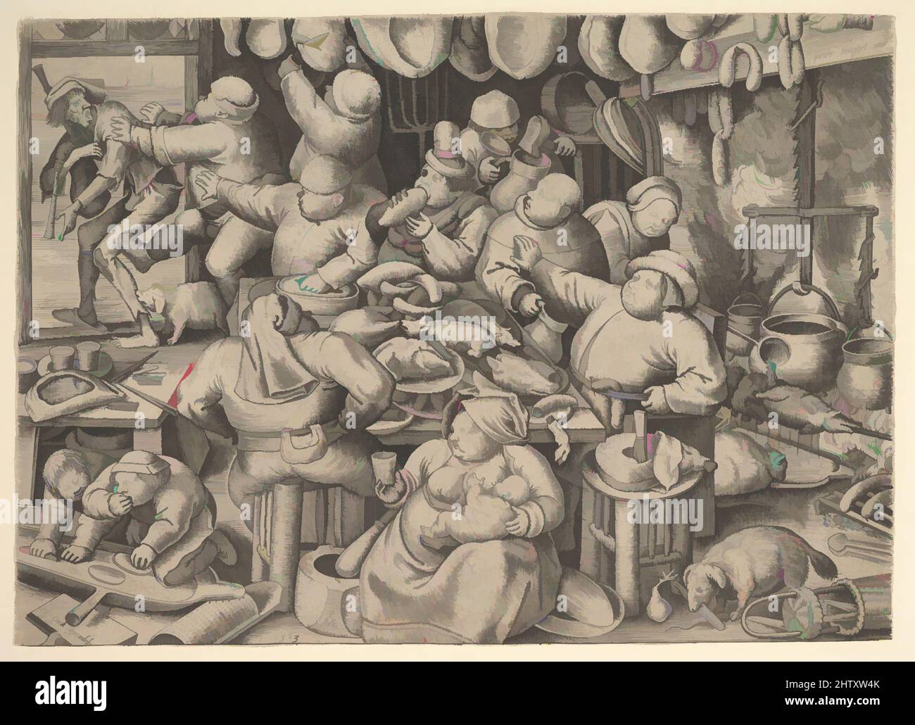 Art Inspired by the Fat Kitchen, 1563, Gravur; First State of Three, Blatt: 8 1/4 x 11 9/16 Zoll (21 x 29,3 cm), Drucke, Pieter van der Heyden (Niederländisch, ca. 1525–1569), nach Pieter Bruegel dem Älteren (Niederländisch, Breda (?) Ca. 1525–1569 Brüssel, Klassisches Werk, modernisiert von Artotop mit einem Schuss Moderne. Formen, Farbe und Wert, auffällige visuelle Wirkung auf Kunst. Emotionen durch Freiheit von Kunstwerken auf zeitgemäße Weise. Eine zeitlose Botschaft, die eine wild kreative neue Richtung verfolgt. Künstler, die sich dem digitalen Medium zuwenden und die Artotop NFT erschaffen Stockfoto