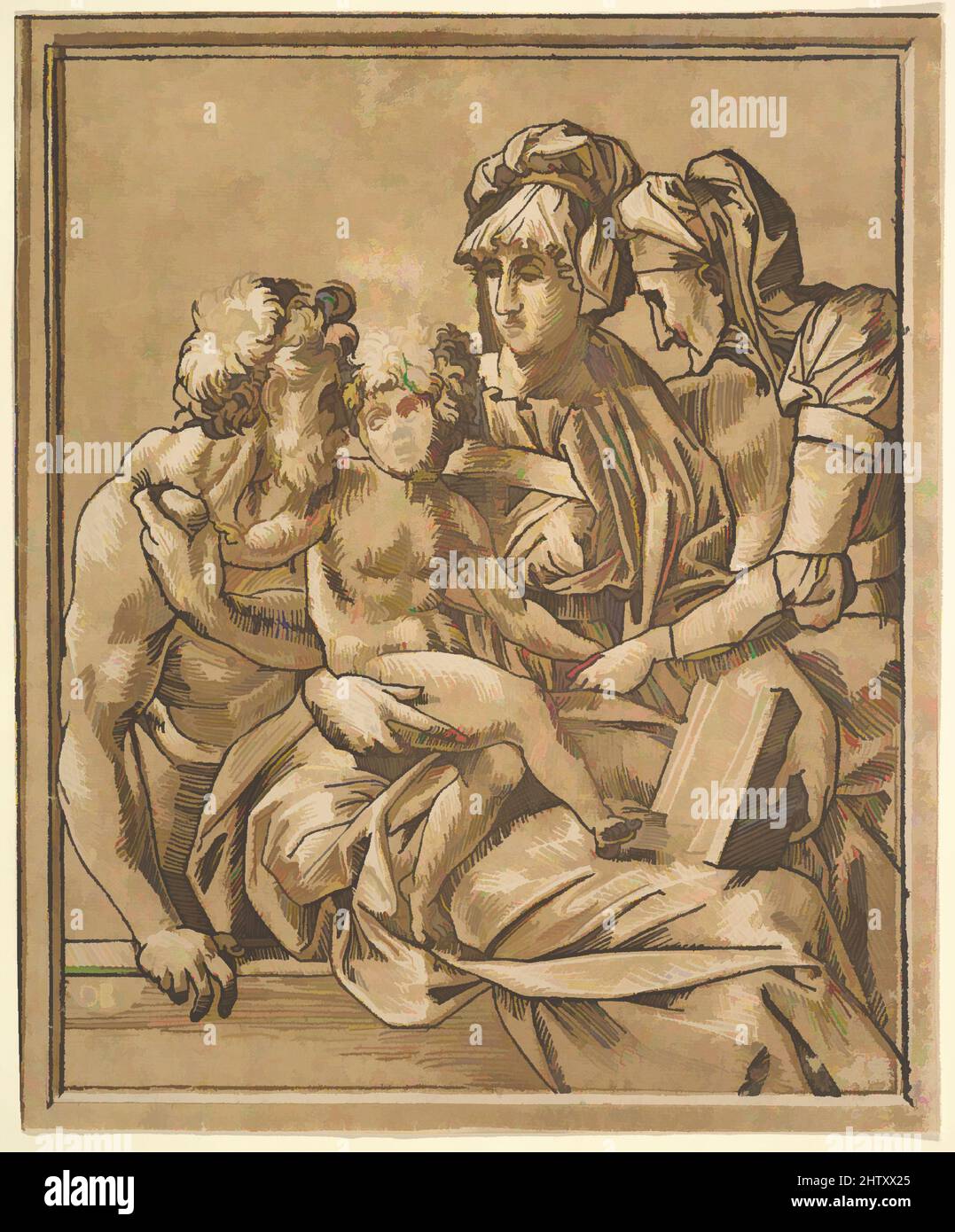 Kunst inspiriert von der Heiligen Familie, ca. 1544, aus drei Blöcken gedruckter Chiaroscuro-Holzschnitt in beige, braun und schwarz, Blatt: 9 13/16 x 8 1/8 Zoll (25 x 20,7 cm), Drucke, Master ND (Italienisch, aktiv 1540s, Klassische Werke, die von Artotop mit einem Schuss Moderne modernisiert wurden. Formen, Farbe und Wert, auffällige visuelle Wirkung auf Kunst. Emotionen durch Freiheit von Kunstwerken auf zeitgemäße Weise. Eine zeitlose Botschaft, die eine wild kreative neue Richtung verfolgt. Künstler, die sich dem digitalen Medium zuwenden und die Artotop NFT erschaffen Stockfoto