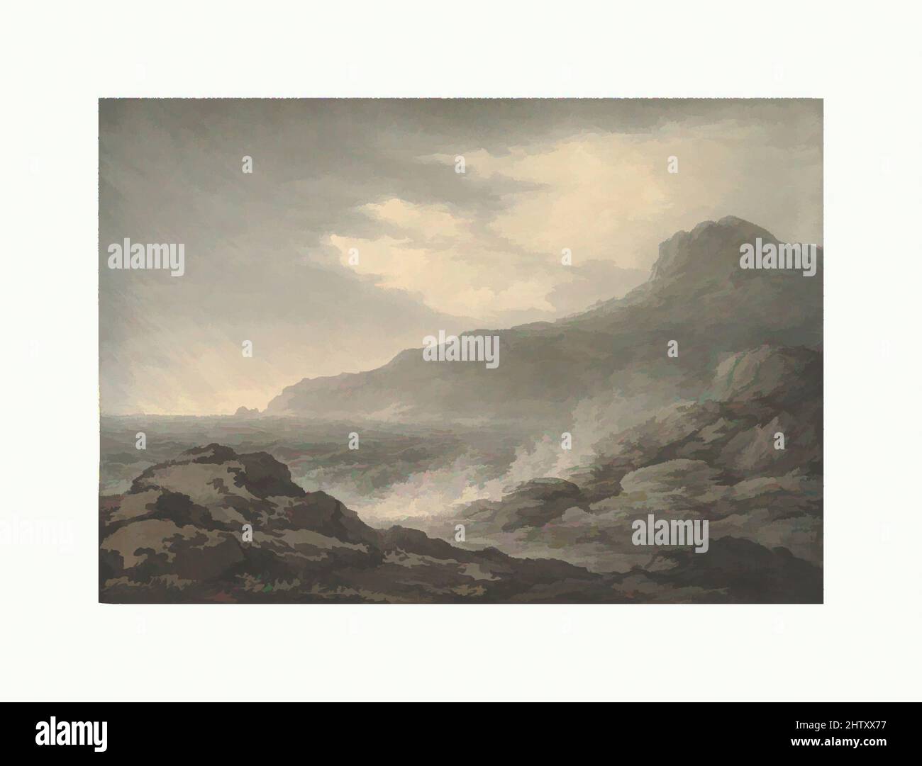 Art inspired by Barren Coast and leichter Sturm, 1794, Graphit, Pinsel und schwarz-graues Waschmittel, Blatt: 10 x 14 Zoll (25,4 x 35,6 cm), Zeichnungen, John Glover (britisch, Houghton-on-the-Hill, Leicester 1767–1849 Launceston, Tasmanien), hergestellt, als Glover in seinen Zwanzigern war und als A arbeitete, modernisierte Classic Works von Artotop mit einem Schuss Modernität. Formen, Farbe und Wert, auffällige visuelle Wirkung auf Kunst. Emotionen durch Freiheit von Kunstwerken auf zeitgemäße Weise. Eine zeitlose Botschaft, die eine wild kreative neue Richtung verfolgt. Künstler, die sich dem digitalen Medium zuwenden und die Artotop NFT erschaffen Stockfoto