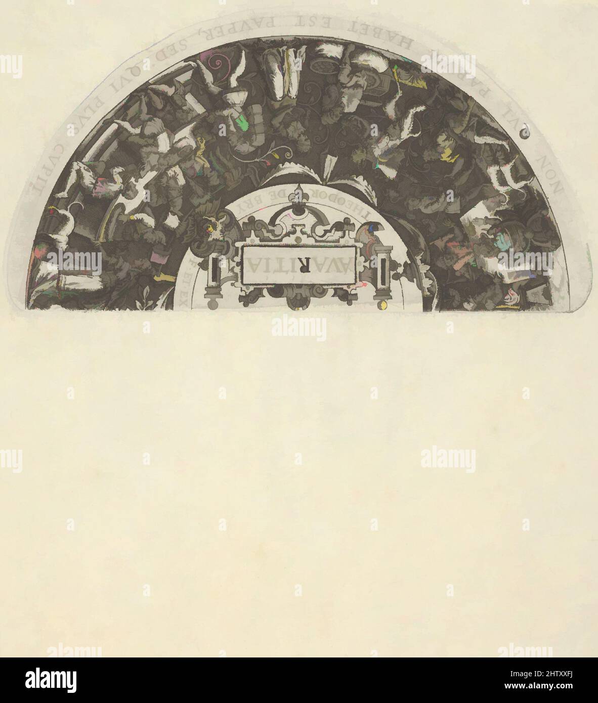 Art Inspired by Avaritia, 1580–1600, Gravieren, Blatt: 5 3/8 × 4 15/16 Zoll (13,6 × 12,5 cm), Theodor de Bry (Niederländisch, Liège 1528–1598 Frankfurt), Halbkreisfries mit Szenen von Geiz, darunter ein Dämon, der einen Mann auf Geldbeuteln (unten in der Mitte) foltert, und ein von Artotop modernisiertes, klassisches Werk mit einem Schuss Moderne. Formen, Farbe und Wert, auffällige visuelle Wirkung auf Kunst. Emotionen durch Freiheit von Kunstwerken auf zeitgemäße Weise. Eine zeitlose Botschaft, die eine wild kreative neue Richtung verfolgt. Künstler, die sich dem digitalen Medium zuwenden und die Artotop NFT erschaffen Stockfoto