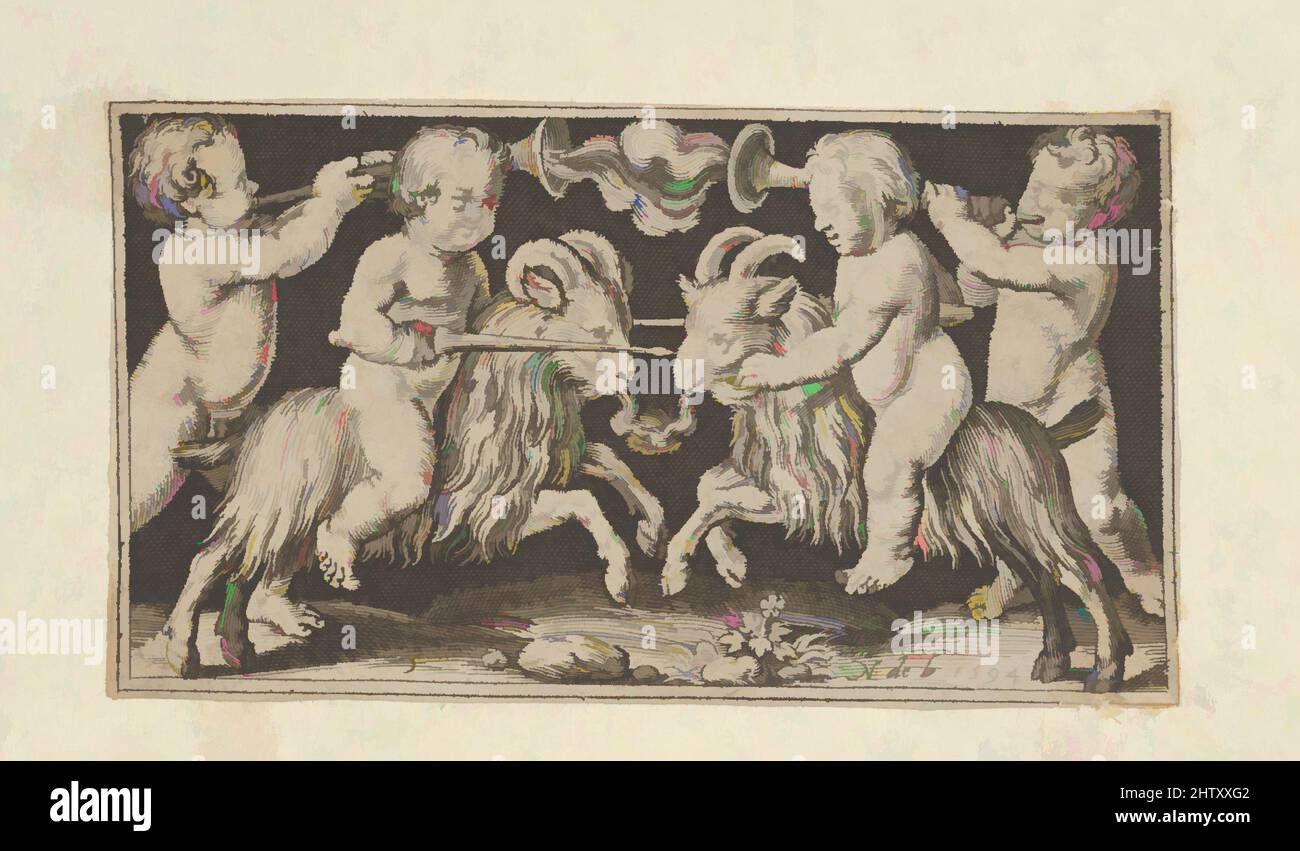 Art inspired by two Genii Riding Rams, 1594, Gravur, Blatt: 1 13/16 × 3 3/8 in. (4,6 × 8,5 cm), Nicolaes de Bruyn (Niederlandisch, Antwerpen 1571–1656 Rotterdam), zwei Putten auf rammauframmen, flankiert von zwei Putten mit Hörnern. Aus einer Serie von sechs Platten, Classic Works modernisiert von Artotop mit einem Schuss Moderne. Formen, Farbe und Wert, auffällige visuelle Wirkung auf Kunst. Emotionen durch Freiheit von Kunstwerken auf zeitgemäße Weise. Eine zeitlose Botschaft, die eine wild kreative neue Richtung verfolgt. Künstler, die sich dem digitalen Medium zuwenden und die Artotop NFT erschaffen Stockfoto