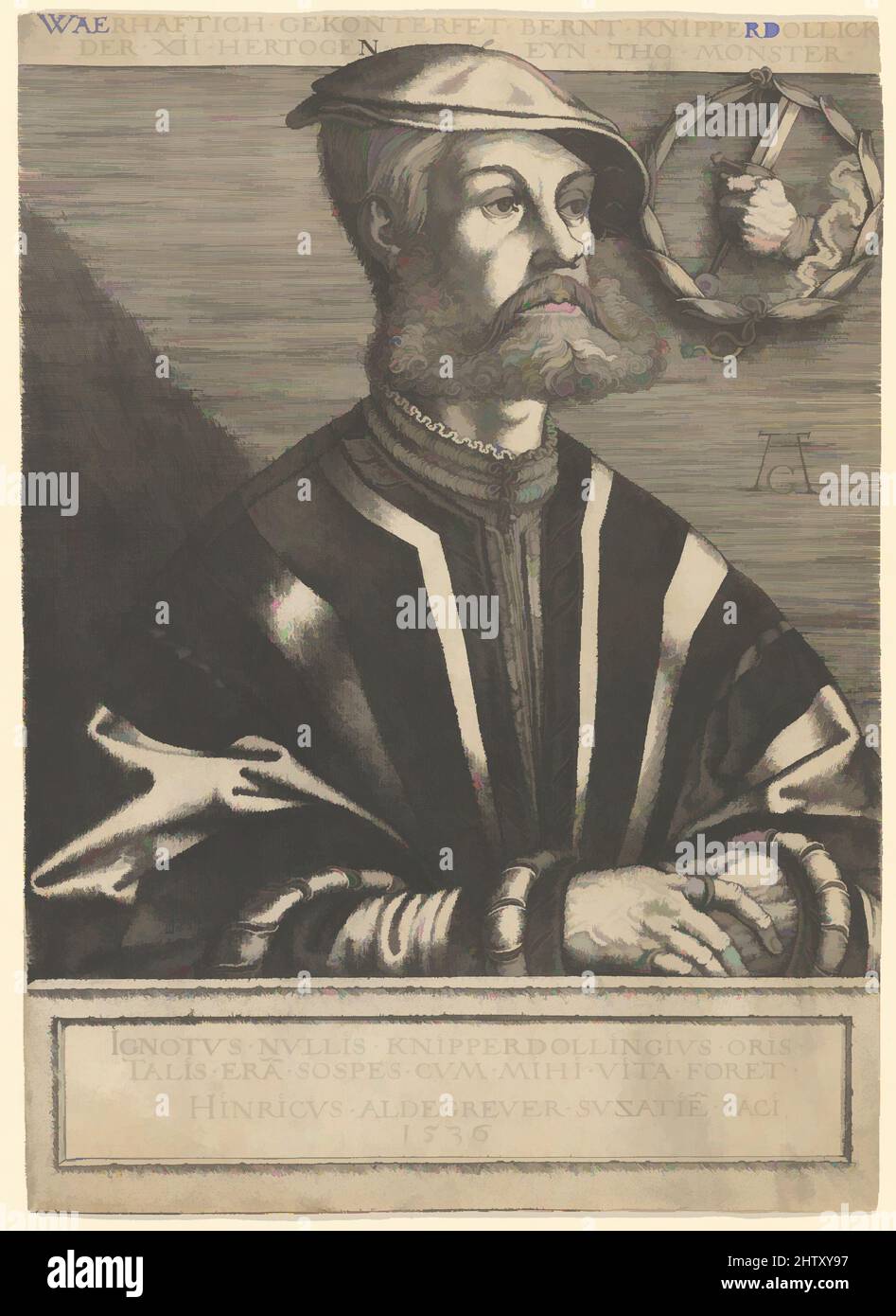 Art inspired by Bernt Knipperdolling, 1536, Gravur, Blatt: 12 5/16 × 8 15/16 in. (31,3 × 22,7 cm), Drucke, Heinrich Aldegrever (deutsch, Paderborn ca. 1502–1555/1561 Soest, Classic Works modernisiert von Artotop mit einem Schuss Moderne. Formen, Farbe und Wert, auffällige visuelle Wirkung auf Kunst. Emotionen durch Freiheit von Kunstwerken auf zeitgemäße Weise. Eine zeitlose Botschaft, die eine wild kreative neue Richtung verfolgt. Künstler, die sich dem digitalen Medium zuwenden und die Artotop NFT erschaffen Stockfoto