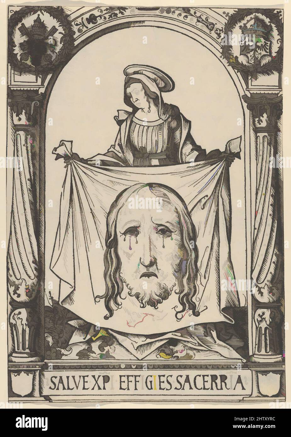 Kunst inspiriert vom Sudarium der Heiligen Veronica, Holzschnitt, Blatt: 10 13/16 × 7 5/8 in. (27,5 × 19,3 cm), Drucke, Hans Burgkmair (deutsch, Augsburg 1473–1531 Augsburg, Klassische Werke, die von Artotop mit einem Schuss Moderne modernisiert wurden. Formen, Farbe und Wert, auffällige visuelle Wirkung auf Kunst. Emotionen durch Freiheit von Kunstwerken auf zeitgemäße Weise. Eine zeitlose Botschaft, die eine wild kreative neue Richtung verfolgt. Künstler, die sich dem digitalen Medium zuwenden und die Artotop NFT erschaffen Stockfoto