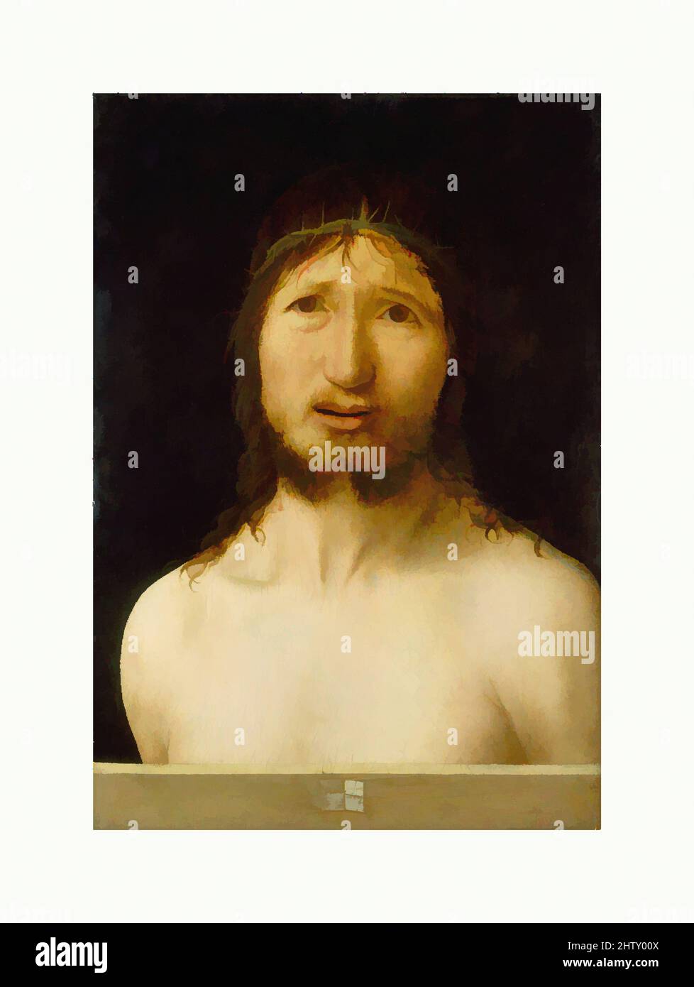 Kunst inspiriert von Christus gekrönt mit Dornen, Öl, vielleicht über Tempera, auf Holz, 16 3/4 x 12 Zoll (42,5 x 30,5 cm), Gemälde, Antonello da Messina (Antonello di Giovanni d'Antonio) (italienisch, Messina ca. 1430–1479 Messina), ein Künstler von erstaunlicher Originalität, kombinierte Antonello ein von Artotop modernisiertes, klassisches Werk mit einem Schuss Moderne. Formen, Farbe und Wert, auffällige visuelle Wirkung auf Kunst. Emotionen durch Freiheit von Kunstwerken auf zeitgemäße Weise. Eine zeitlose Botschaft, die eine wild kreative neue Richtung verfolgt. Künstler, die sich dem digitalen Medium zuwenden und die Artotop NFT erschaffen Stockfoto