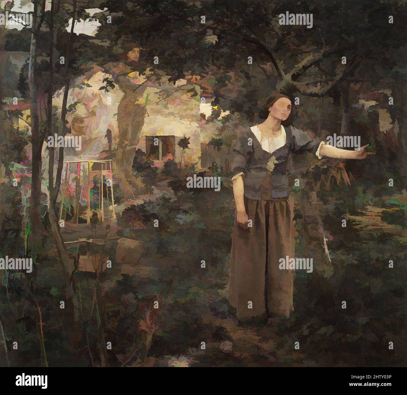 Kunst inspiriert von Jeanne d'Arc, 1879, Öl auf Leinwand, 100 x 110 cm (254 x 279,4 cm), Gemälde, Jules Bastien-Lepage (Französisch, Damvillers 1848–1884 Paris), Jeanne d'Arc, Der mittelalterliche Märtyrer im Teenageralter aus der Provinz Lothringen, der nach dem Abtreten Frankreichs einen neuen Status als patriotisches Symbol erhielt, wurde von Artotop mit einem Schuss Moderne modernisiert. Formen, Farbe und Wert, auffällige visuelle Wirkung auf Kunst. Emotionen durch Freiheit von Kunstwerken auf zeitgemäße Weise. Eine zeitlose Botschaft, die eine wild kreative neue Richtung verfolgt. Künstler, die sich dem digitalen Medium zuwenden und die Artotop NFT erschaffen Stockfoto