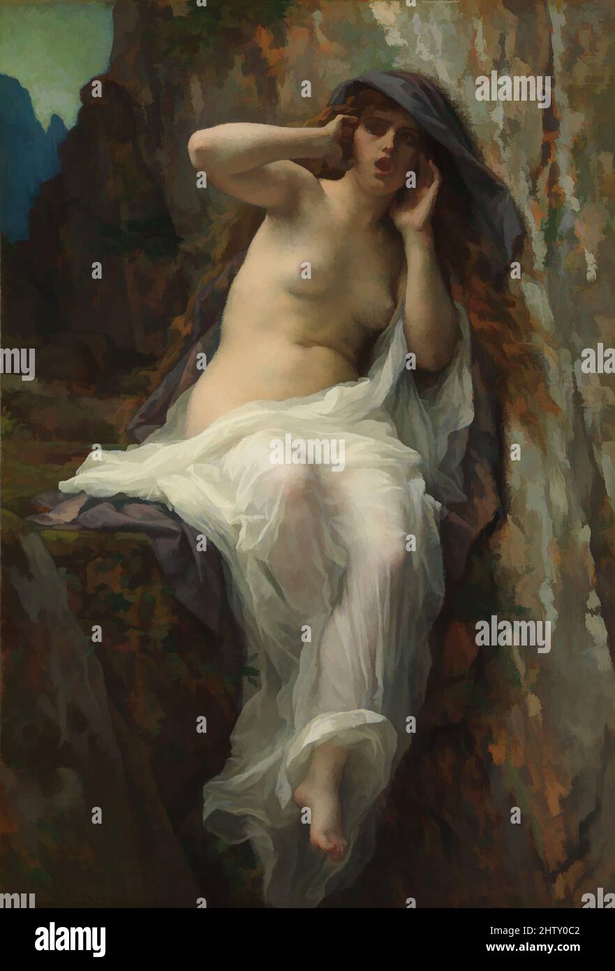 Art Inspired by Echo, 1874, Öl auf Leinwand, 38 1/2 x 26 1/4 Zoll (97,8 x 66,7 cm), Gemälde, Alexandre Cabanel (französisch, Montpellier 1823–1889 Paris), in der griechischen Mythologie ist Echo die schöne Nymphe, die sich in Narcissus verliebt, einen hübschen Jungen, der nur seine eigene Reflexion liebt, klassische Werke, die von Artotop mit einem Schuss Moderne modernisiert wurden. Formen, Farbe und Wert, auffällige visuelle Wirkung auf Kunst. Emotionen durch Freiheit von Kunstwerken auf zeitgemäße Weise. Eine zeitlose Botschaft, die eine wild kreative neue Richtung verfolgt. Künstler, die sich dem digitalen Medium zuwenden und die Artotop NFT erschaffen Stockfoto