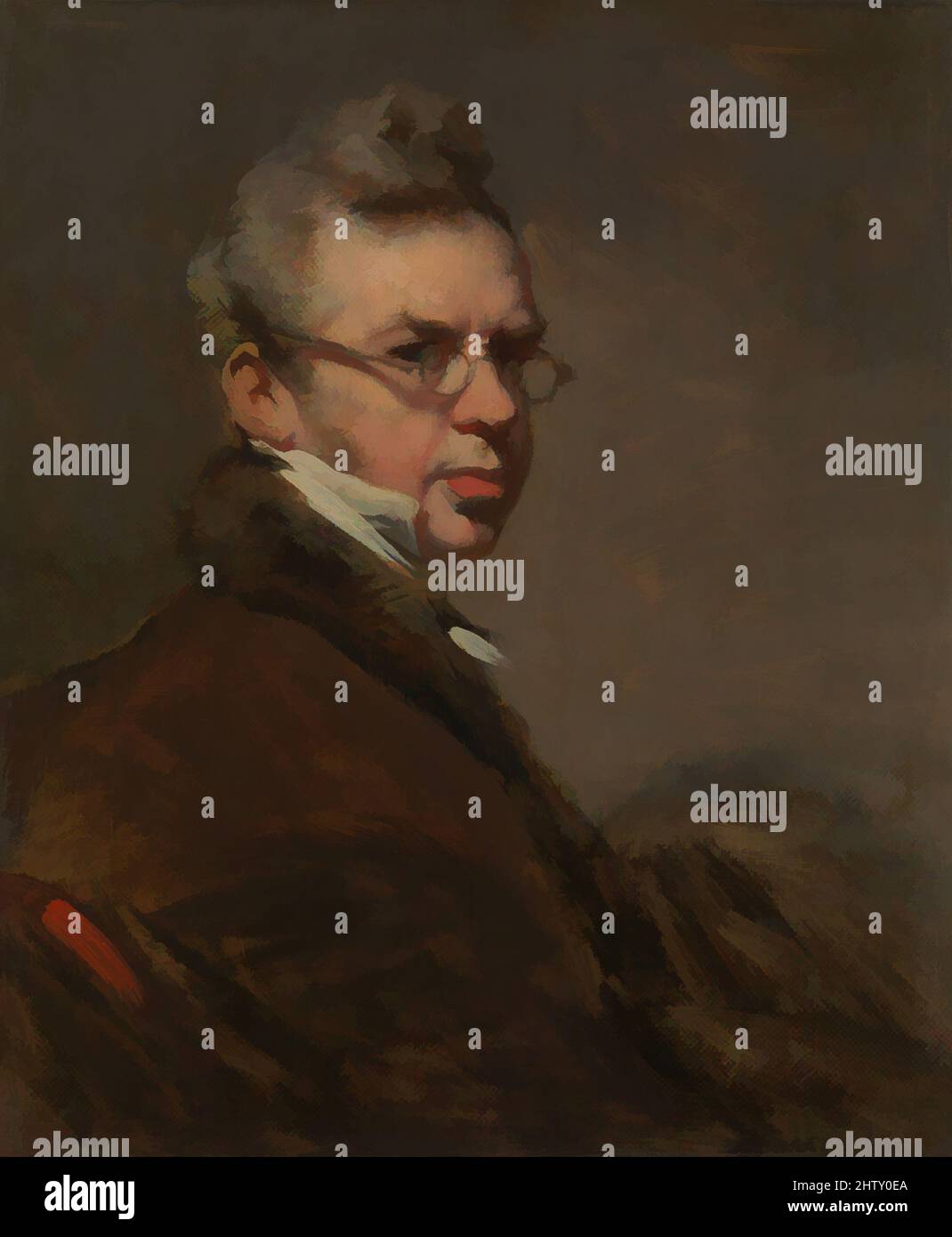 Art Inspired by Self-Portrait, 1825–28, Öl auf Leinwand, 8 5/8 x 7 1/4 Zoll (21,9 x 18,4 cm), Paintings, George Chinnery (British, London 1774–1852 Macau), Chinnery malte mehr als ein Dutzend Selbstporträts, von denen er 1798 das erste in der Royal Academy, London, ausstellte; dies sind die von Artotop modernisierten, klassischen Werke mit einem Schuss Moderne. Formen, Farbe und Wert, auffällige visuelle Wirkung auf Kunst. Emotionen durch Freiheit von Kunstwerken auf zeitgemäße Weise. Eine zeitlose Botschaft, die eine wild kreative neue Richtung verfolgt. Künstler, die sich dem digitalen Medium zuwenden und die Artotop NFT erschaffen Stockfoto