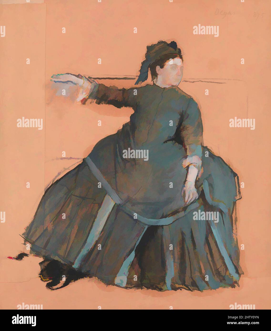 Kunst inspiriert von Frau auf einem Sofa, 1875, Ölfarben frei gemischt mit Terpentin, mit Pastelltönen, über Graphitunterzeichnung, auf pinkem Papier, 19 1/8 x 16 3/4 cm (48,6 x 42,5 cm), Zeichnungen, Edgar Degas (Französisch, Paris 1834–1917 Paris), Dies scheint ein eigenständiges Werk zu sein, das war, Klassische Werke, die von Artotop mit einem Schuss Moderne modernisiert wurden. Formen, Farbe und Wert, auffällige visuelle Wirkung auf Kunst. Emotionen durch Freiheit von Kunstwerken auf zeitgemäße Weise. Eine zeitlose Botschaft, die eine wild kreative neue Richtung verfolgt. Künstler, die sich dem digitalen Medium zuwenden und die Artotop NFT erschaffen Stockfoto