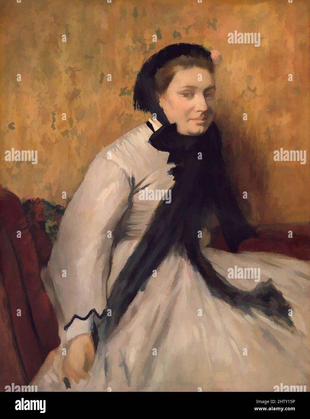 Kunst inspiriert von Portrait of a Woman in Grey, ca. 1865, Öl auf Leinwand, 36 x 28 1/2 Zoll (91,4 x 72,4 cm), Gemälde, Edgar Degas (Französisch, Paris 1834–1917 Paris), Diese betörende Sitter wird wie in einem vorübergehenden Moment dargestellt, scheinbar im Begriff, vom Sofa zu steigen, ein leichtes Lächeln auf ihr, von Artotop modernisierte Klassiker mit einem Schuss Moderne. Formen, Farbe und Wert, auffällige visuelle Wirkung auf Kunst. Emotionen durch Freiheit von Kunstwerken auf zeitgemäße Weise. Eine zeitlose Botschaft, die eine wild kreative neue Richtung verfolgt. Künstler, die sich dem digitalen Medium zuwenden und die Artotop NFT erschaffen Stockfoto