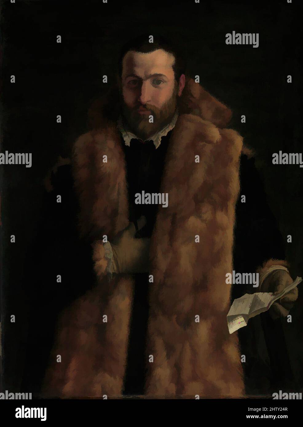 Kunst inspiriert von Portrait of a man in a fur-getrimmt Coat, Öl auf Leinwand, 38 3/8 x 29 1/2 Zoll (97,5 x 74,9 cm), Gemälde, italienischer (lombardischer) Maler (ca. 1540) hat der Sitter dieses schönen Porträts seine rechte Hand unter seinem Herzen platziert, was auf den Inhalt des Briefes hindeutet, den er hat: Classic Works Modernity Modernised by Artotop with a Splash of Modernity. Formen, Farbe und Wert, auffällige visuelle Wirkung auf Kunst. Emotionen durch Freiheit von Kunstwerken auf zeitgemäße Weise. Eine zeitlose Botschaft, die eine wild kreative neue Richtung verfolgt. Künstler, die sich dem digitalen Medium zuwenden und die Artotop NFT erschaffen Stockfoto