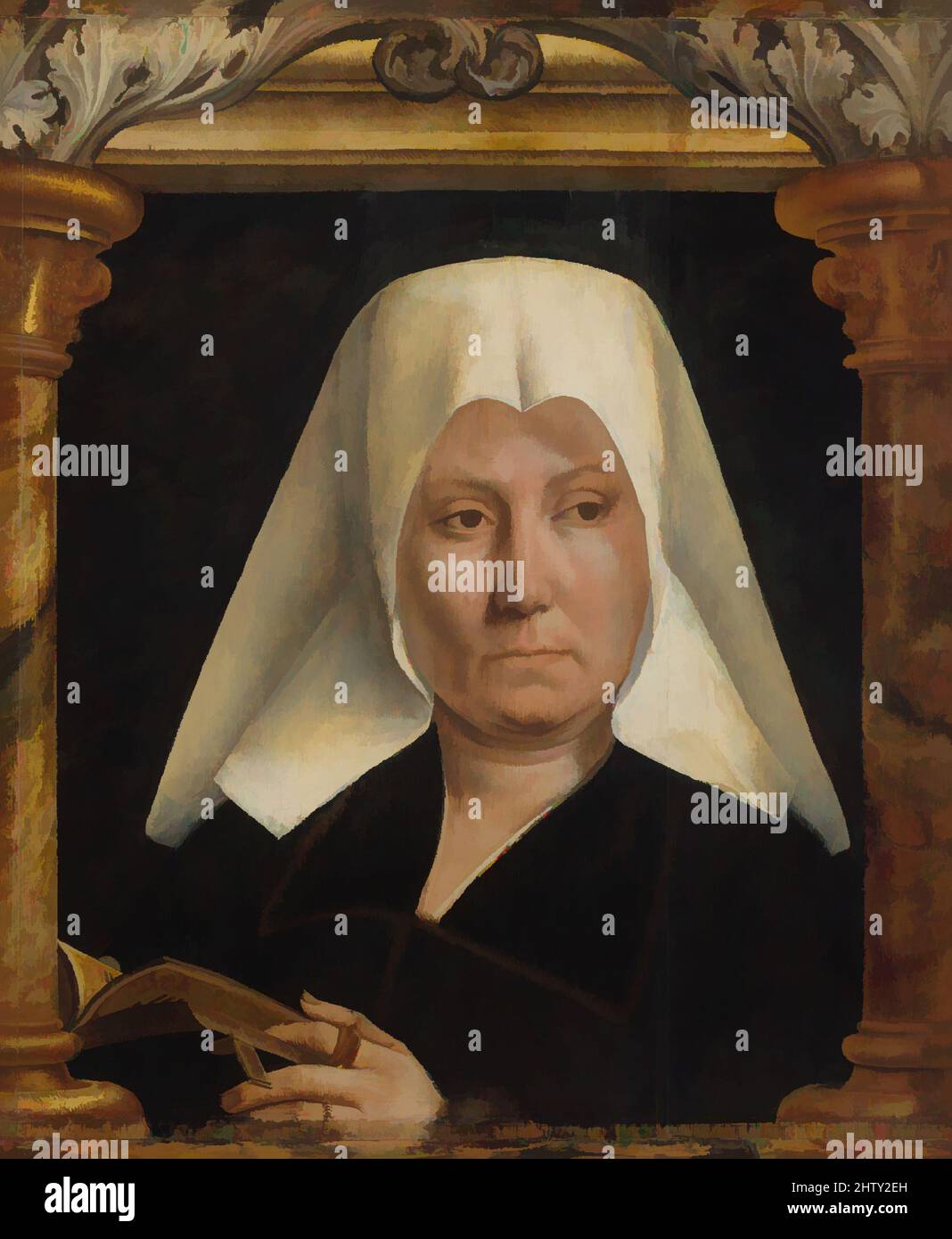 Kunst inspiriert von Portrait of a Woman, ca. 1520, Öl auf Holz, 19 x 17 Zoll (48,3 x 43,2 cm), Gemälde, Quentin Metsys (Niederlandisch, Leuven 1466–1530 Kiel) Abgehend von früheren Andachtsbildnissen wirkt die Sitterin von ihrem Gebetbuch abgelenkt durch etwas auf unserer Seite der von Artotop modernisierten klassischen Werke mit einem Schuss Moderne. Formen, Farbe und Wert, auffällige visuelle Wirkung auf Kunst. Emotionen durch Freiheit von Kunstwerken auf zeitgemäße Weise. Eine zeitlose Botschaft, die eine wild kreative neue Richtung verfolgt. Künstler, die sich dem digitalen Medium zuwenden und die Artotop NFT erschaffen Stockfoto