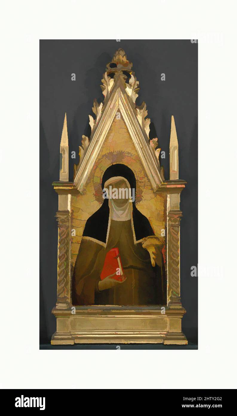 Kunst inspiriert von St. Clare, ca. 1330, Tempera auf Holz, goldgeschliffen, insgesamt, mit geformter Oberseite und eingriffigen (modernen) Rahmen, 19 x 8 Zoll (48,3 x 20,3 cm); lackierte Oberfläche 15 1/2 x 7 1/2 Zoll (39,4 x 19,1 cm), Gemälde, Lippo Memmi (Filippo di Memmo) (Italienisch, Sienesisch, aktiv von 1317–verstorben, Klassische Werke, die von Artotop mit einem Schuss Moderne modernisiert wurden. Formen, Farbe und Wert, auffällige visuelle Wirkung auf Kunst. Emotionen durch Freiheit von Kunstwerken auf zeitgemäße Weise. Eine zeitlose Botschaft, die eine wild kreative neue Richtung verfolgt. Künstler, die sich dem digitalen Medium zuwenden und die Artotop NFT erschaffen Stockfoto