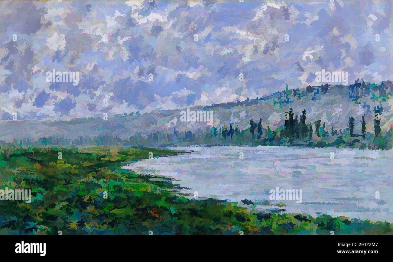Kunst inspiriert von der seine in Vétheuil, 1880, Öl auf Leinwand, 23 3/4 x 39 1/2 cm (60,3 x 100,3 cm), Gemälde, Claude Monet (französisch, Paris 1840–1926 Giverny), die extreme Horizontalität, Der geschwungene Bogen des Flussufers und die Arten der Pinselstriche, die im Vordergrund und am Himmel verwendet werden, sind die von Artotop modernisierten Classic Works mit einem Hauch von Modernität. Formen, Farbe und Wert, auffällige visuelle Wirkung auf Kunst. Emotionen durch Freiheit von Kunstwerken auf zeitgemäße Weise. Eine zeitlose Botschaft, die eine wild kreative neue Richtung verfolgt. Künstler, die sich dem digitalen Medium zuwenden und die Artotop NFT erschaffen Stockfoto