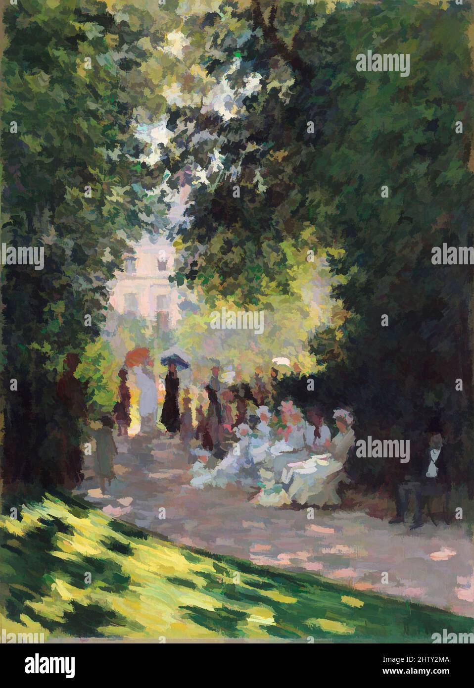 Kunst inspiriert vom Parc Monceau, 1878, Öl auf Leinwand, 28 5/8 x 21 3/8 cm (72,7 x 54,3 cm), Gemälde, Claude Monet (französisch, Paris 1840–1926 Giverny), Monet malte sechs Ansichten des Parc Monceau: Drei in 1876 und drei in 1878. In dieser Leinwand, die Disposition von Licht und Schatten in, Classic Works modernisiert von Artotop mit einem Spritzer der Moderne. Formen, Farbe und Wert, auffällige visuelle Wirkung auf Kunst. Emotionen durch Freiheit von Kunstwerken auf zeitgemäße Weise. Eine zeitlose Botschaft, die eine wild kreative neue Richtung verfolgt. Künstler, die sich dem digitalen Medium zuwenden und die Artotop NFT erschaffen Stockfoto
