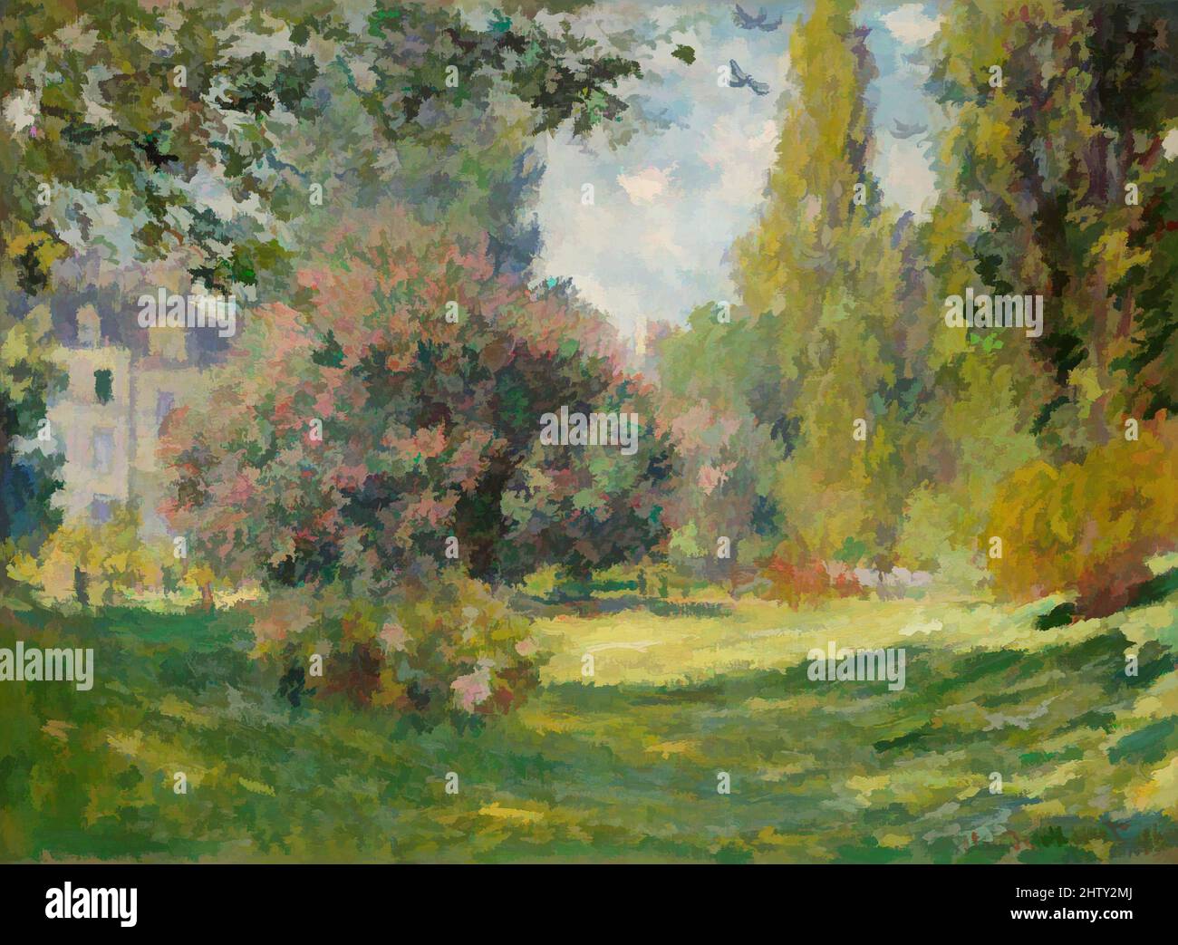Kunst inspiriert von Landschaft: Der Parc Monceau, 1876, Öl auf Leinwand, 23 1/2 x 32 1/2 cm (59,7 x 82,6 cm), Gemälde, Claude Monet (französisch, Paris 1840–1926 Giverny), am Boulevard de Courcelles in Paris gelegen und umgeben von modischen Stadthäusern, wurde der Parc Monceau geplant, Klassische Werke, die von Artotop mit einem Schuss Moderne modernisiert wurden. Formen, Farbe und Wert, auffällige visuelle Wirkung auf Kunst. Emotionen durch Freiheit von Kunstwerken auf zeitgemäße Weise. Eine zeitlose Botschaft, die eine wild kreative neue Richtung verfolgt. Künstler, die sich dem digitalen Medium zuwenden und die Artotop NFT erschaffen Stockfoto