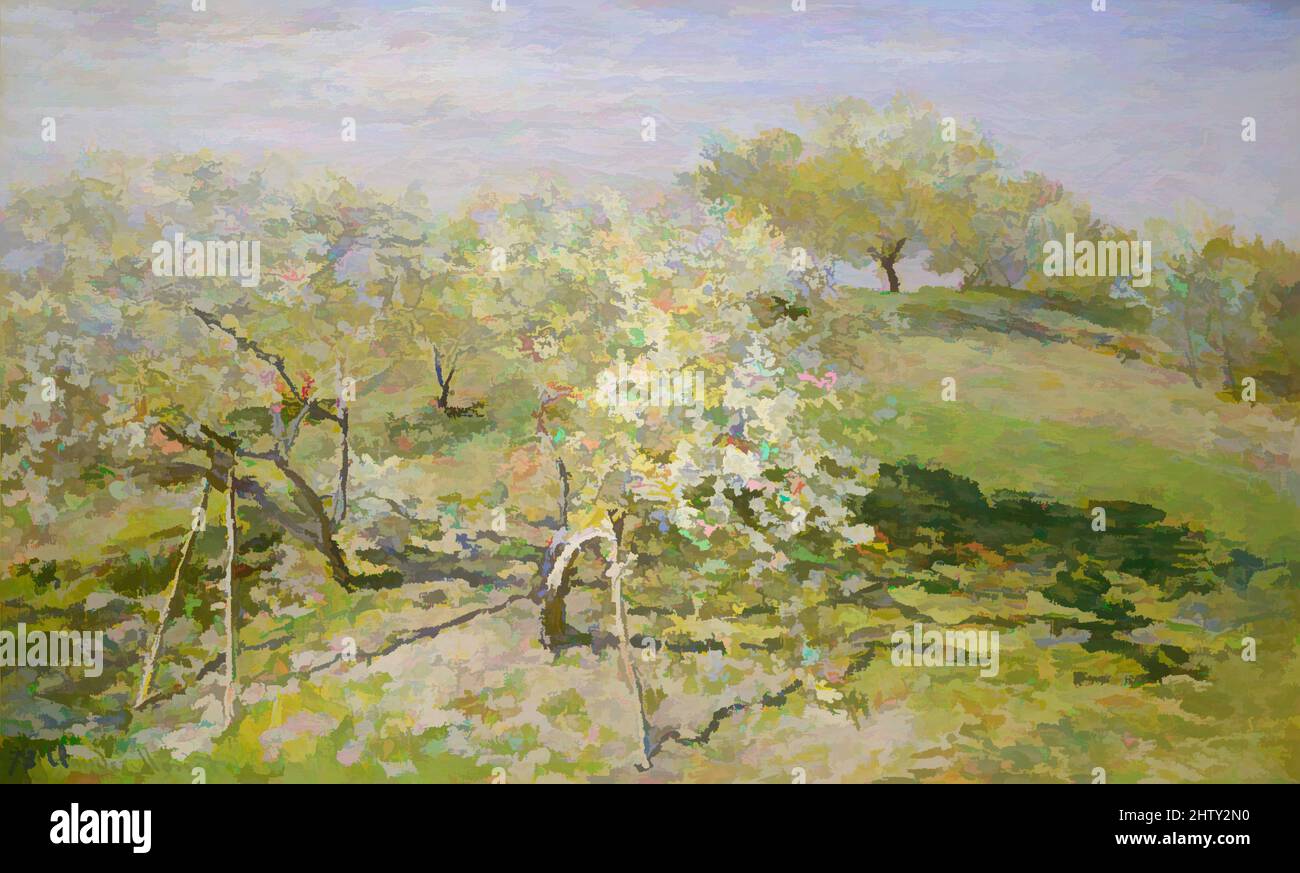 Kunst inspiriert vom Frühling (Obstbäume in Blüte), 1873, Öl auf Leinwand, 24 1/2 x 39 5/8 cm (62,2 x 100,6 cm), Gemälde, Claude Monet (französisch, Paris 1840–1926 Giverny), Monet schuf diese Arbeit in der Nähe seines Hauses in Argenteuil, einem Dorf an der seine nordwestlich von Paris, das ein von Artotop modernisiertes, klassisches Werk mit einem Schuss Moderne war. Formen, Farbe und Wert, auffällige visuelle Wirkung auf Kunst. Emotionen durch Freiheit von Kunstwerken auf zeitgemäße Weise. Eine zeitlose Botschaft, die eine wild kreative neue Richtung verfolgt. Künstler, die sich dem digitalen Medium zuwenden und die Artotop NFT erschaffen Stockfoto