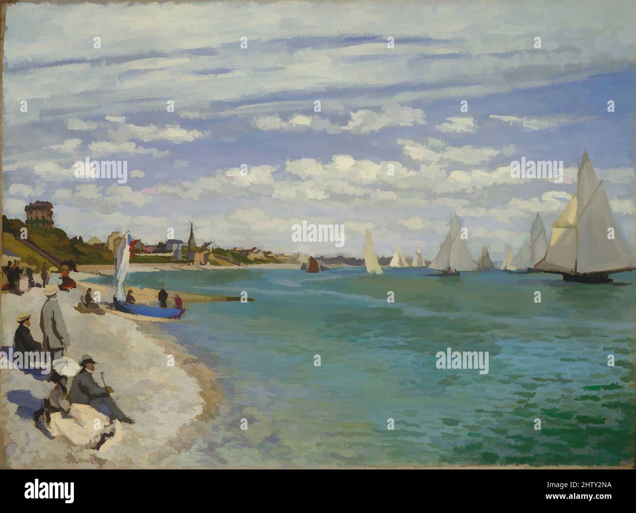 Art inspired by Regatta at Sainte-Adresse, 1867, Öl auf Leinwand, 29 5/8 x 40 Zoll (75,2 x 101,6 cm), Gemälde, Claude Monet (französisch, Paris 1840–1926 Giverny), schrieb aus dem Badeort Sainte-Adresse am 25. Juni 1867, Monet berichtet, dass er hart an der Arbeit war und festgestellt, "unter den, Klassische Werke, die von Artotop mit einem Schuss Moderne modernisiert. Formen, Farbe und Wert, auffällige visuelle Wirkung auf Kunst. Emotionen durch Freiheit von Kunstwerken auf zeitgemäße Weise. Eine zeitlose Botschaft, die eine wild kreative neue Richtung verfolgt. Künstler, die sich dem digitalen Medium zuwenden und die Artotop NFT erschaffen Stockfoto