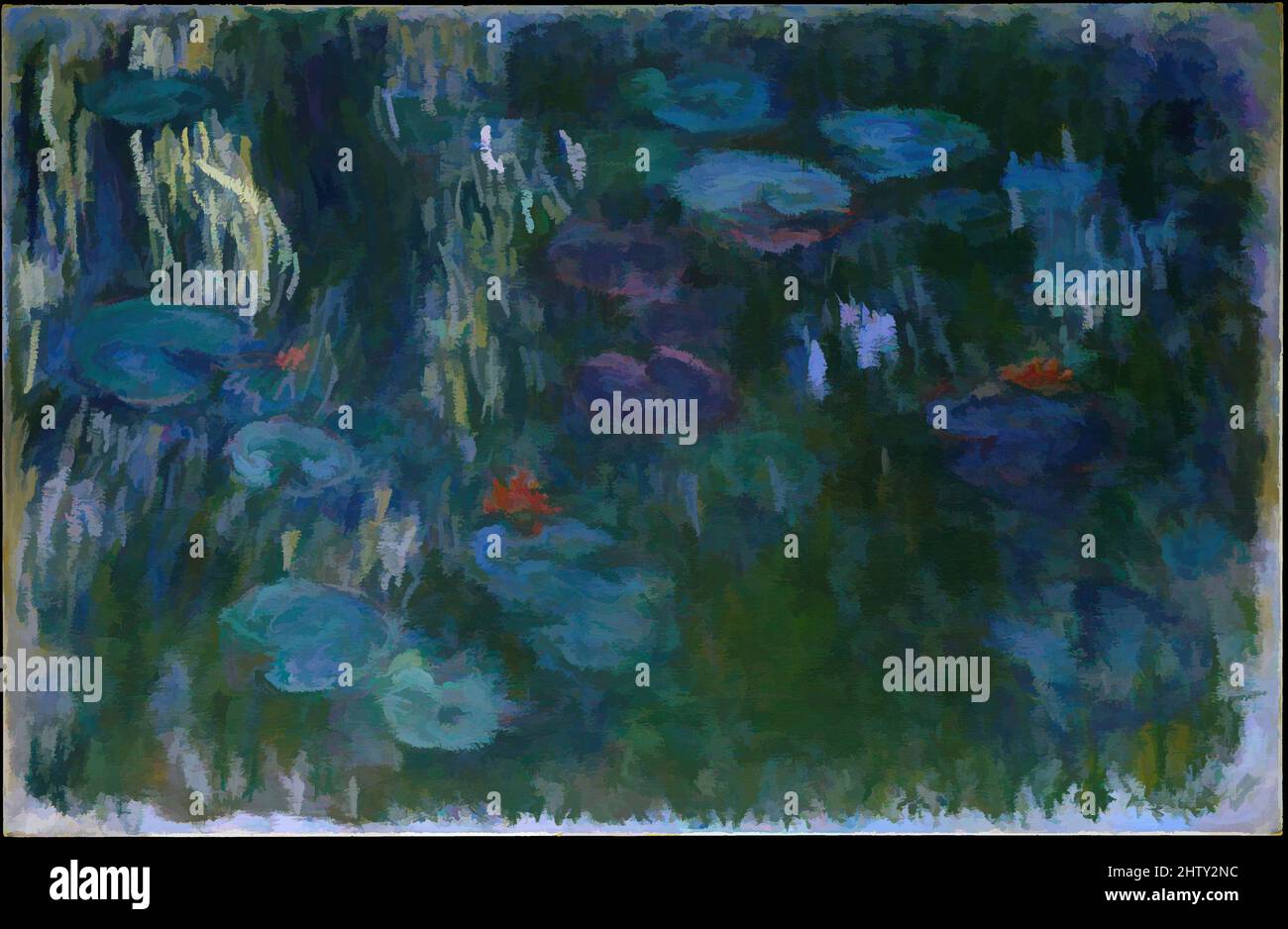 Kunst inspiriert von Seerosen, 1916–19, Öl auf Leinwand, 51 1/4 x 79 Zoll (130,2 x 200,7 cm), Gemälde, Claude Monet (französisch, Paris 1840–1926 Giverny), im Rahmen seiner umfangreichen Gartenbaupläne in Giverny ließ Monet 1893 einen Teich ausgraben und mit Lilien bepflanzen. Ab 1899 modernisierte er immer wieder Classic Works von Artotop mit einem Schuss Moderne. Formen, Farbe und Wert, auffällige visuelle Wirkung auf Kunst. Emotionen durch Freiheit von Kunstwerken auf zeitgemäße Weise. Eine zeitlose Botschaft, die eine wild kreative neue Richtung verfolgt. Künstler, die sich dem digitalen Medium zuwenden und die Artotop NFT erschaffen Stockfoto
