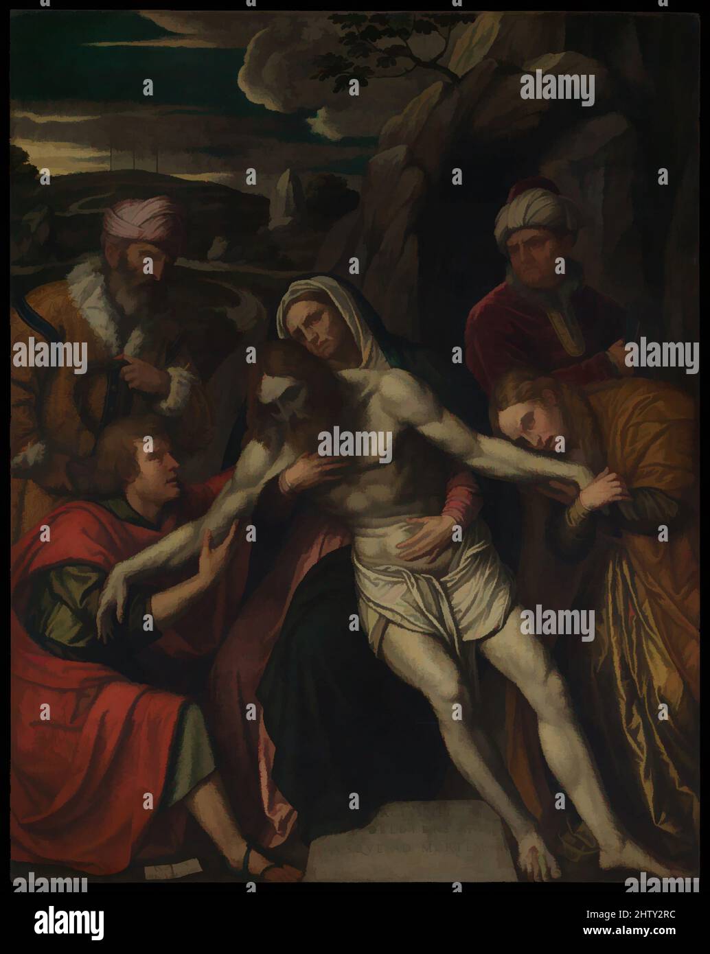 Art inspired by the Entombment, 1554, Öl auf Leinwand, 94 1/2 x 74 1/2 Zoll (240 x 189,2 cm), Gemälde, Moretto da Brescia (Alessandro Bonvicino) (Italienisch, Brescia ca. 1498–1554 Brescia), Dieses düstere und bewegende Altarbild wurde kurz vor dem Tod des Künstlers im Jahr 1554 gemalt. Es war, Classic Works modernisiert von Artotop mit einem Schuss Moderne. Formen, Farbe und Wert, auffällige visuelle Wirkung auf Kunst. Emotionen durch Freiheit von Kunstwerken auf zeitgemäße Weise. Eine zeitlose Botschaft, die eine wild kreative neue Richtung verfolgt. Künstler, die sich dem digitalen Medium zuwenden und die Artotop NFT erschaffen Stockfoto