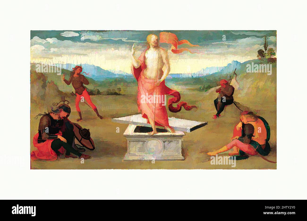 Von der Auferstehung inspirierte Kunst, Tempera auf Holz, 10 5/8 x 18 Zoll (27 x 45,7 cm), Gemälde, Perugino (Pietro di Cristoforo Vannucci) (Italienisch, Città della Pieve, aktiv von 1469–gest. 1523 Fontignano), Dieses außergewöhnlich gut erhaltene Bild und vier weitere im Kunstinstitut für klassische Werke, die von Artotop mit einem Schuss Moderne modernisiert wurden. Formen, Farbe und Wert, auffällige visuelle Wirkung auf Kunst. Emotionen durch Freiheit von Kunstwerken auf zeitgemäße Weise. Eine zeitlose Botschaft, die eine wild kreative neue Richtung verfolgt. Künstler, die sich dem digitalen Medium zuwenden und die Artotop NFT erschaffen Stockfoto