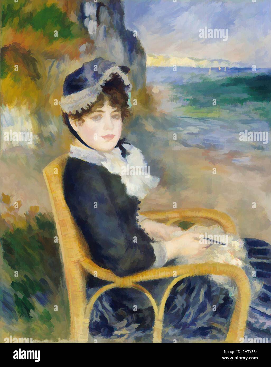 Art inspired by the Seashore, 1883, Öl auf Leinwand, 36 1/4 x 28 1/2 Zoll (92,1 x 72,4 cm), Gemälde, Auguste Renoir (französisch, Limoges 1841–1919 Cagnes-sur-Mer), Renoir malte dieses Werk wahrscheinlich in seinem Atelier und posierte sein Modell und seine zukünftige Frau, Aline Charigot, in einem Korbstuhl. Die von Artotop modernisierten, klassischen Werke mit einem Schuss Moderne. Formen, Farbe und Wert, auffällige visuelle Wirkung auf Kunst. Emotionen durch Freiheit von Kunstwerken auf zeitgemäße Weise. Eine zeitlose Botschaft, die eine wild kreative neue Richtung verfolgt. Künstler, die sich dem digitalen Medium zuwenden und die Artotop NFT erschaffen Stockfoto