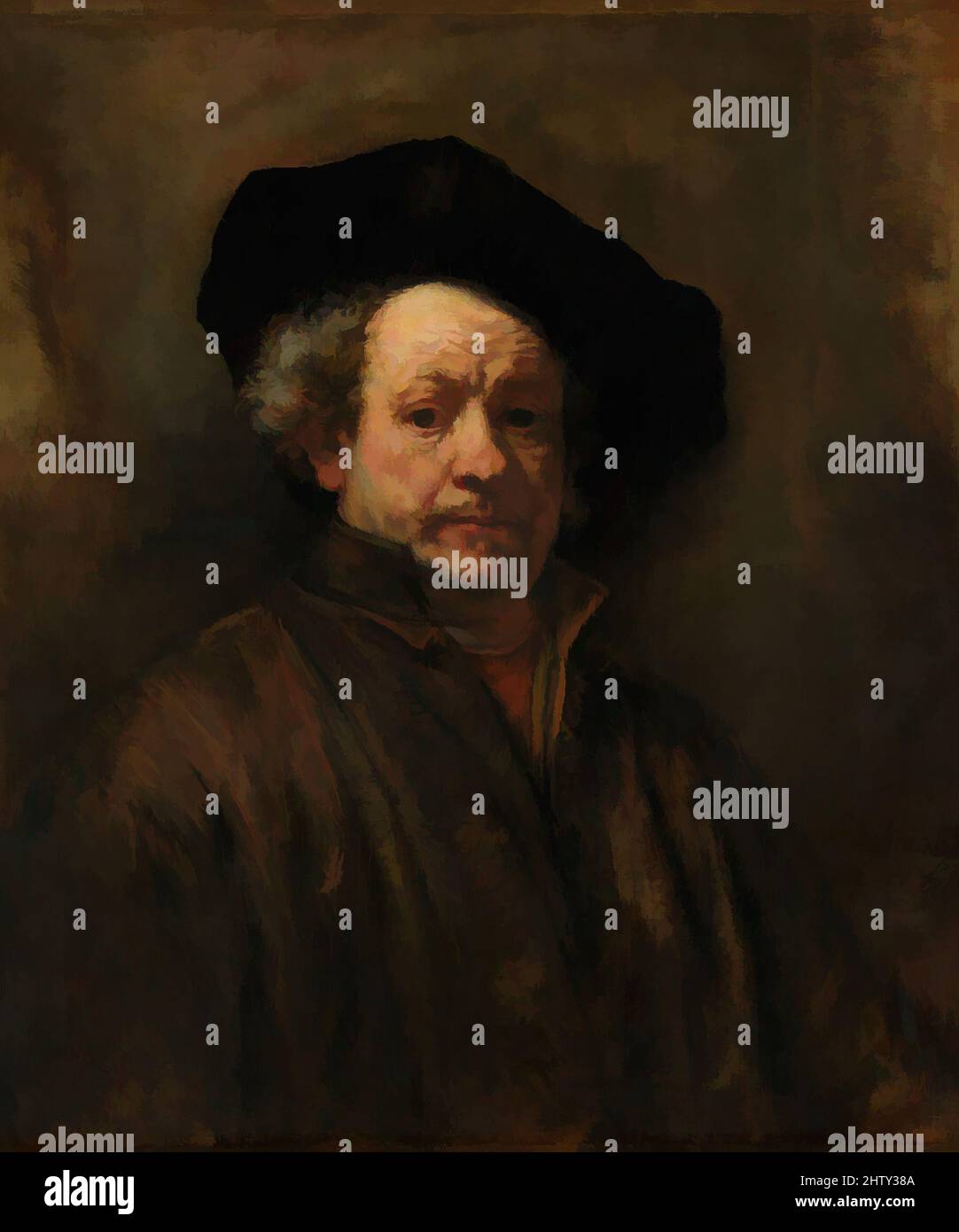 Art Inspired by Self-Portrait, 1660, Öl auf Leinwand, 31 5/8 x 26 1/2 Zoll (80,3 x 67,3 cm), Gemälde, Rembrandt (Rembrandt van Rijn) (Niederländisch, Leiden 1606–1669 Amsterdam), die Dutzend oder mehr Selbstporträts, die aus jedem Jahrzehnt Rembrandts Karriere stammen, variieren in ihrer Zusammensetzung erheblich, klassische Werke, die von Artotop mit einem Schuss Moderne modernisiert wurden. Formen, Farbe und Wert, auffällige visuelle Wirkung auf Kunst. Emotionen durch Freiheit von Kunstwerken auf zeitgemäße Weise. Eine zeitlose Botschaft, die eine wild kreative neue Richtung verfolgt. Künstler, die sich dem digitalen Medium zuwenden und die Artotop NFT erschaffen Stockfoto