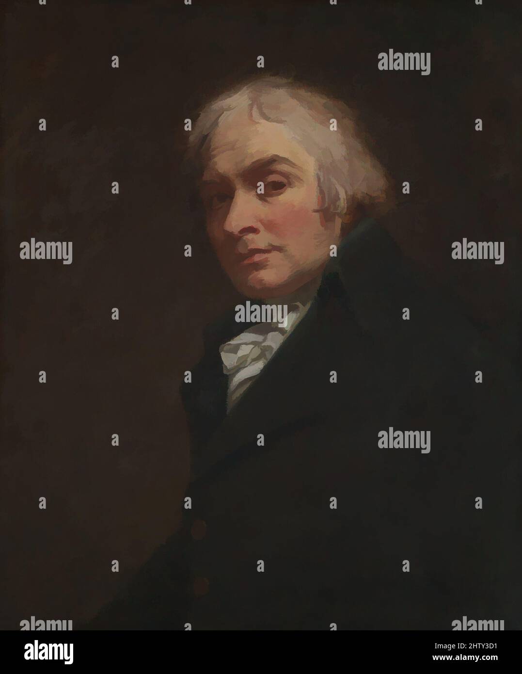 Art Inspired by Self-Portrait, 1795, Öl auf Leinwand, 30 x 25 Zoll (76,2 x 63,5 cm), Gemälde, George Romney (britisch, Beckside, Lancashire 1734–1802 Kendal, Cumbria), Dies muss das Selbstporträt sein, das der Sohn des Künstlers John 1830 beschrieb. Im Winter 1795 malte er mit einem Schuss Modernität einen Kopf der von Artotop modernisierten, klassischen Werke. Formen, Farbe und Wert, auffällige visuelle Wirkung auf Kunst. Emotionen durch Freiheit von Kunstwerken auf zeitgemäße Weise. Eine zeitlose Botschaft, die eine wild kreative neue Richtung verfolgt. Künstler, die sich dem digitalen Medium zuwenden und die Artotop NFT erschaffen Stockfoto