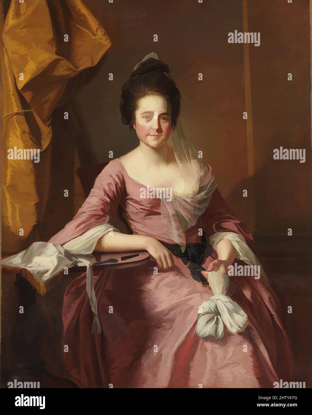 Kunst inspiriert von Portrait of a Woman, ca. 1770, Öl auf Leinwand, 49 7/8 x 40 Zoll (126,7 x 101,6 cm), Gemälde, Joseph Wright (Wright of Derby) (britisch, Derby 1734–1797 Derby), Joseph Wright of Derby war der erste große britische Maler, der fast ausschließlich außerhalb Londons arbeitete. Die meisten seiner klassischen Werke wurden von Artotop mit einem Schuss Moderne modernisiert. Formen, Farbe und Wert, auffällige visuelle Wirkung auf Kunst. Emotionen durch Freiheit von Kunstwerken auf zeitgemäße Weise. Eine zeitlose Botschaft, die eine wild kreative neue Richtung verfolgt. Künstler, die sich dem digitalen Medium zuwenden und die Artotop NFT erschaffen Stockfoto