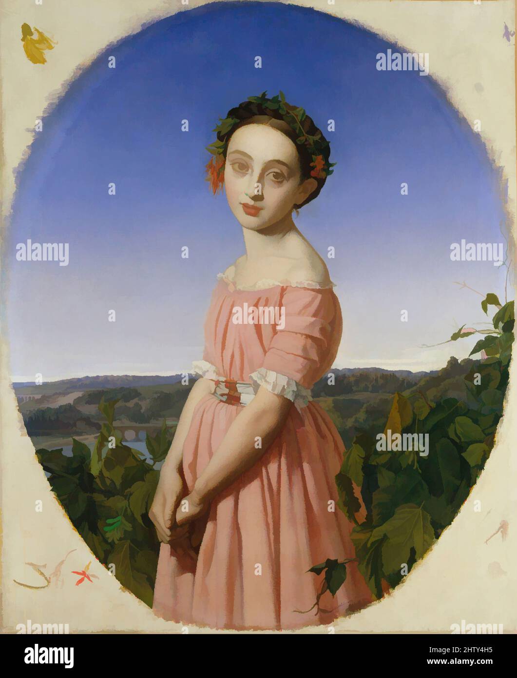 Kunst inspiriert von Faustine Léo (1832–1865), 1842, Öl auf Leinwand, 39 3/8 x 32 Zoll (100 x 81,3 cm), Gemälde, Henri Lehmann (französisch, Kiel 1814–1882 Paris), Lehmann schuf mehrere, sowohl gemalte als auch gezeichnete Porträts seiner ersten Cousine Faustine Léo. Dieses Porträt emuliert deutlich die von Artotop modernisierten, klassischen Werke mit einem Schuss Modernität. Formen, Farbe und Wert, auffällige visuelle Wirkung auf Kunst. Emotionen durch Freiheit von Kunstwerken auf zeitgemäße Weise. Eine zeitlose Botschaft, die eine wild kreative neue Richtung verfolgt. Künstler, die sich dem digitalen Medium zuwenden und die Artotop NFT erschaffen Stockfoto