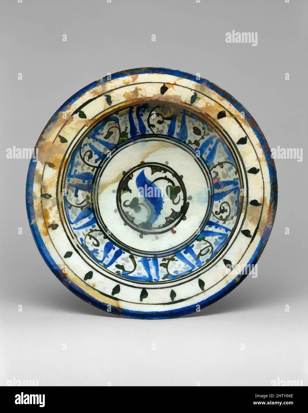 Kunst inspiriert von Schale mit Pseudo-Inschrift, 13. Jahrhundert, Made in Syria, Stonepaste; polychrome gemalt unter einer transparenten Glasur, H. 2 13/16 in. (7,1 cm), Keramik, typischerweise konzentrisch formatiert, die Dekoration aus syrisch-schwarzen‑und‑blauen Unterglasur‑gemalten Stücke oft Features, Classic Works modernisiert von Artotop mit einem Schuss Moderne. Formen, Farbe und Wert, auffällige visuelle Wirkung auf Kunst. Emotionen durch Freiheit von Kunstwerken auf zeitgemäße Weise. Eine zeitlose Botschaft, die eine wild kreative neue Richtung verfolgt. Künstler, die sich dem digitalen Medium zuwenden und die Artotop NFT erschaffen Stockfoto