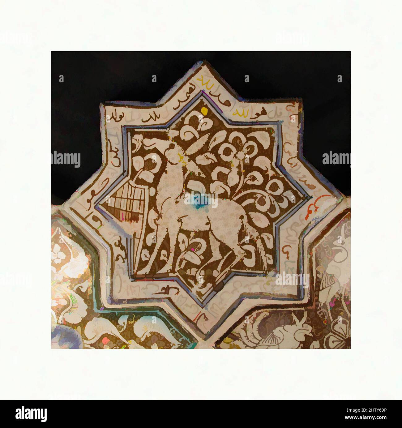 Kunst inspiriert von sternförmigen Fliesen, 13. Jahrhundert, hergestellt in Iran, Kashan, Stonepaste; Inglaze in blau und türkis und glänzend auf opaker weißer Glasur gemalt, 6 1/2 Zoll (16,5 cm), Keramik-Fliesen, Diese achtspitzige Sternziegel war einst Teil einer Platte aus Stern- und kreuzförmigen Fliesen, Classic Works modernisiert von Artotop mit einem Schuss Moderne. Formen, Farbe und Wert, auffällige visuelle Wirkung auf Kunst. Emotionen durch Freiheit von Kunstwerken auf zeitgemäße Weise. Eine zeitlose Botschaft, die eine wild kreative neue Richtung verfolgt. Künstler, die sich dem digitalen Medium zuwenden und die Artotop NFT erschaffen Stockfoto