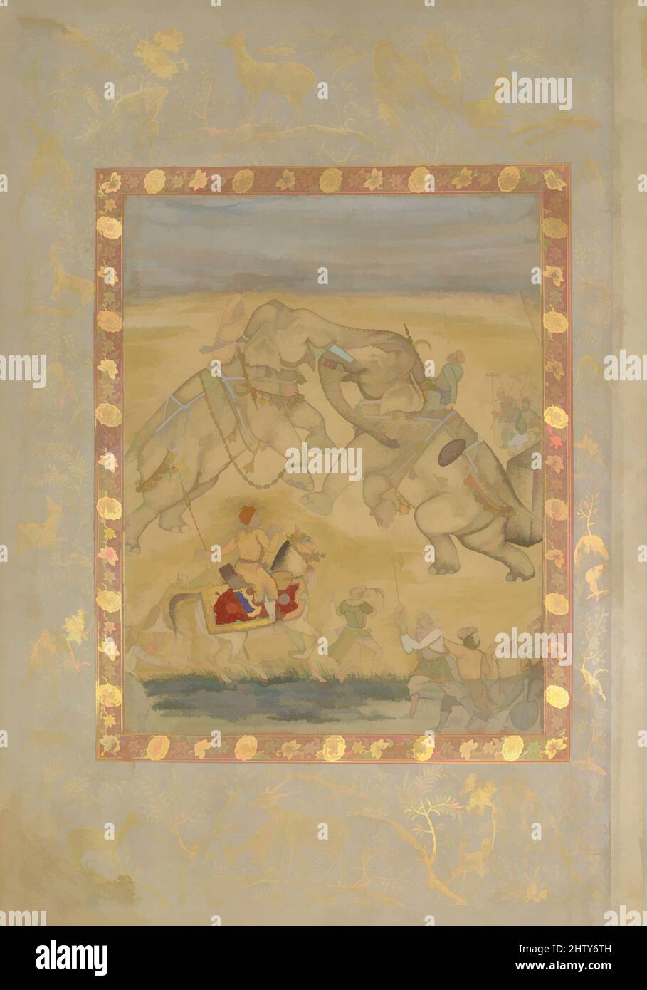 Kunst inspiriert von Jahangir beim Elefantenkampf, ca. 1605, Indien zugeschrieben, Hauptstütze: Tinte, opakes Aquarell, Gold auf Papier, 18 1/2 x 12 7/8in. (47 x 32,7cm), Codices, Elefanten wurden für ihre Stärke und Macht in Mughal Indien geschätzt, wo sie für die Jagd verwendet wurden, Classic Works modernisiert von Artotop mit einem Schuss Moderne. Formen, Farbe und Wert, auffällige visuelle Wirkung auf Kunst. Emotionen durch Freiheit von Kunstwerken auf zeitgemäße Weise. Eine zeitlose Botschaft, die eine wild kreative neue Richtung verfolgt. Künstler, die sich dem digitalen Medium zuwenden und die Artotop NFT erschaffen Stockfoto